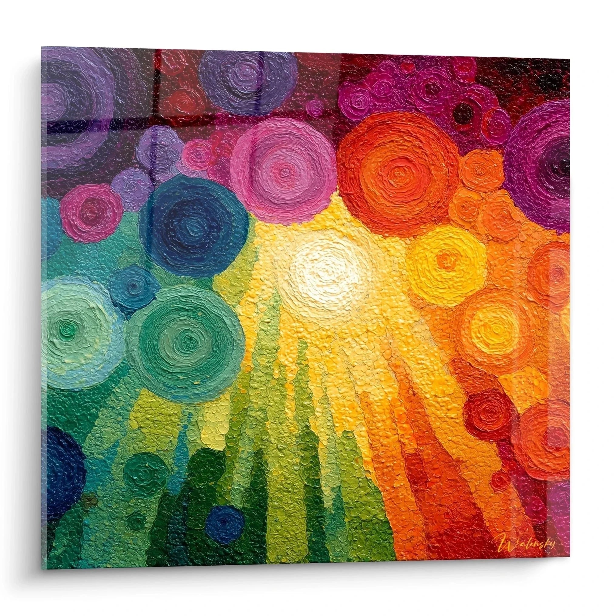 Wandbild Sonnenaufgang Pointillismus mit spiralförmigen Farbtupfen in Violett Orange Grün