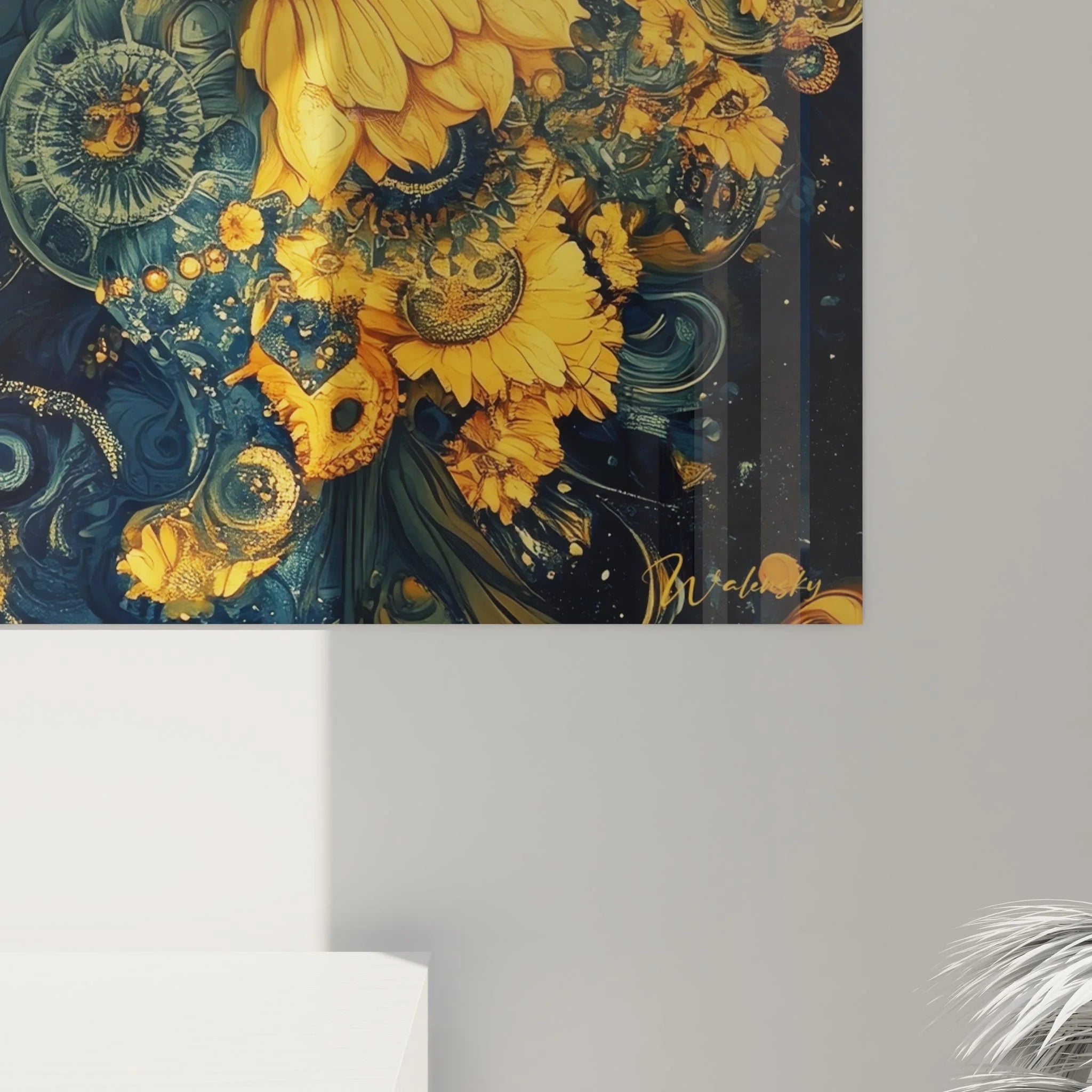 Gesamtansicht Wandbild Frauenportrait Sonnenblumen - Premium Fraktal Wanddekoration Komplettbild