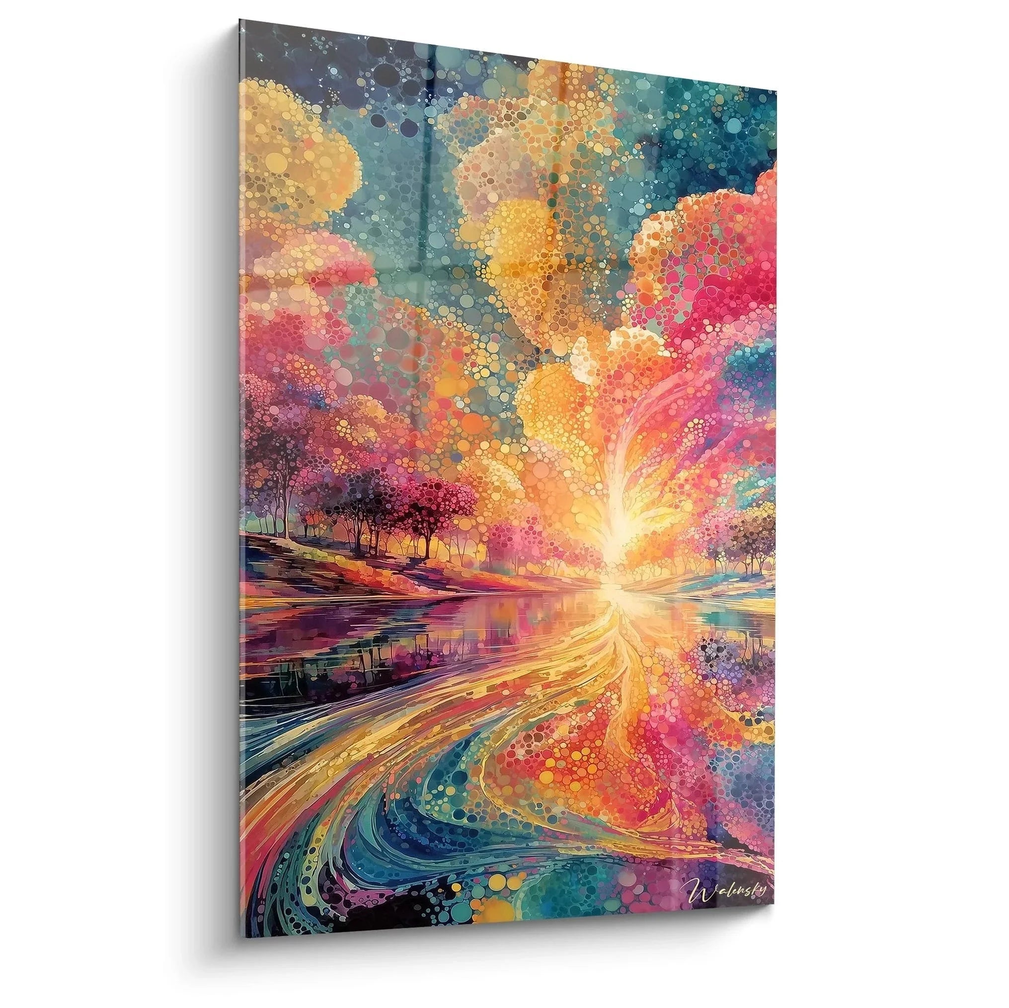 Wandbild Sonnenuntergang Pointillismus mit explosivem Lichtstrahl über See und bunten Punkten