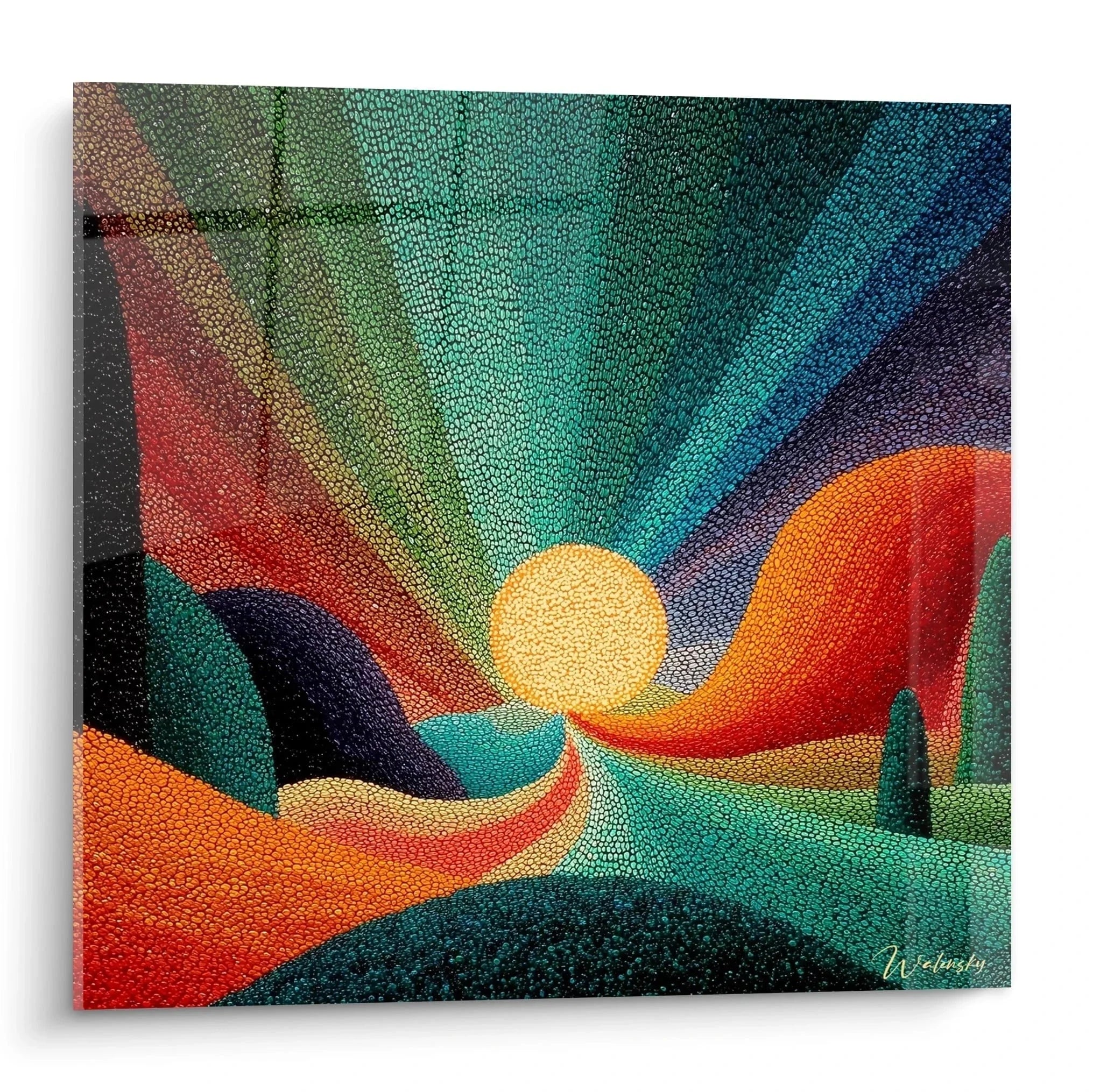 Wandbild Sonnenuntergang Pointillismus mystische Berglandschaft leuchtende Farben moderne Wanddekoration