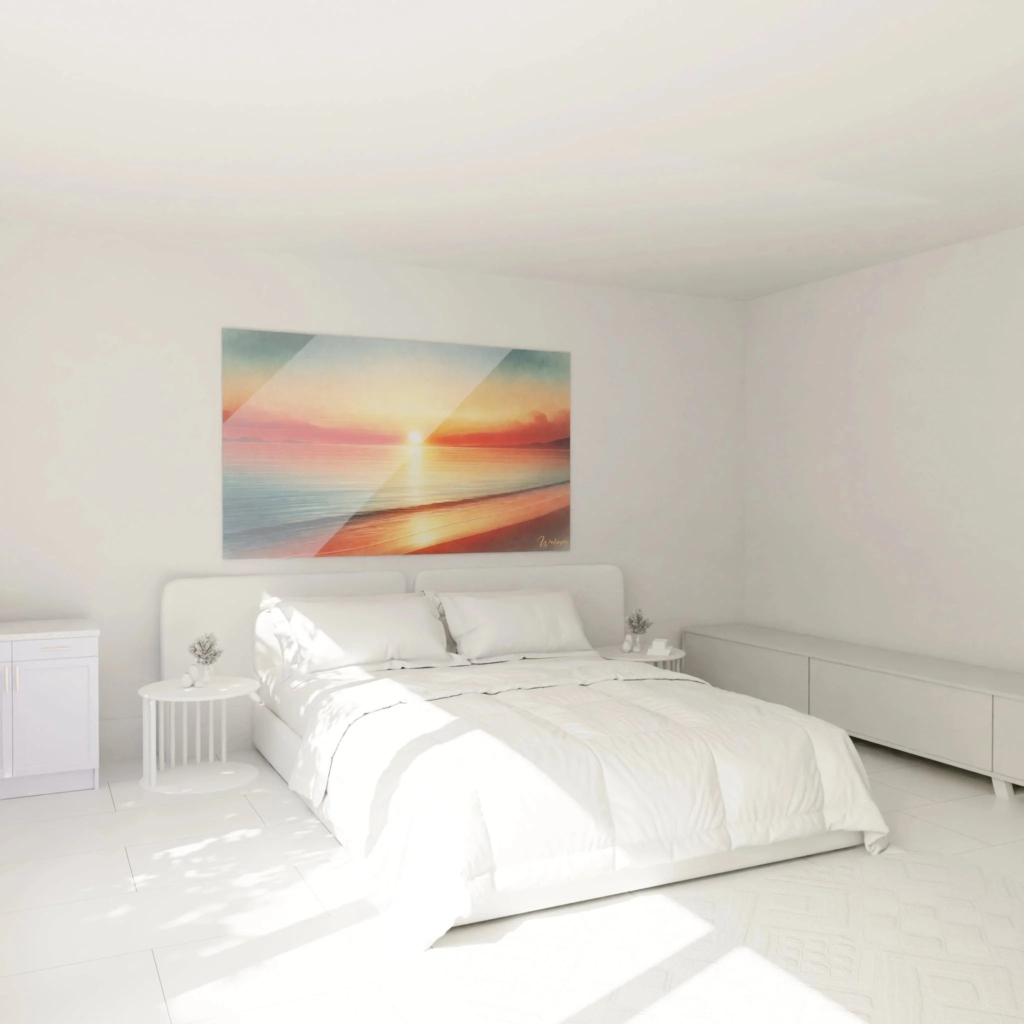 Wandbild Sonnenuntergang im Schlafzimmer - moderne Wanddekoration mit Meerblick und goldenen Tönen