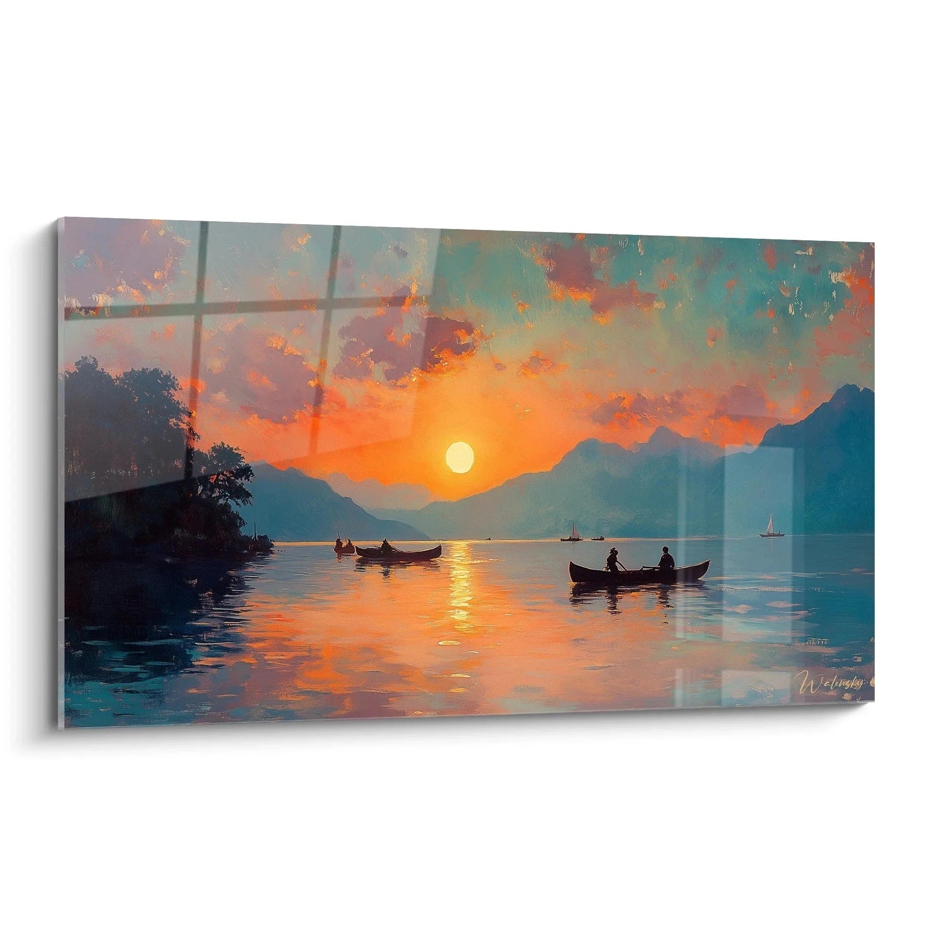 Wandbild Sonnenuntergang am See mit Ruderbooten und Bergpanorama in warmen Abendfarben