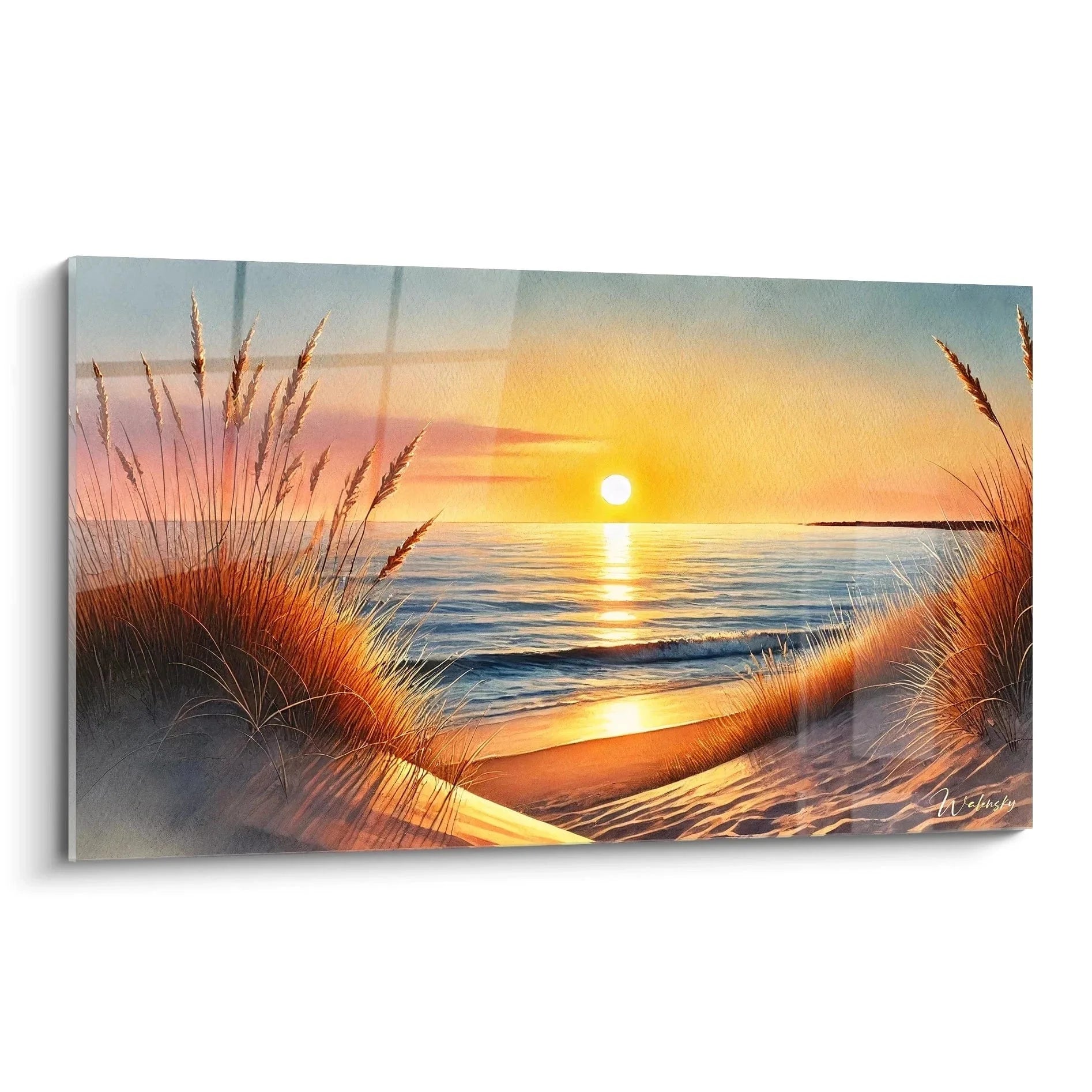 Wandbild Sonnenuntergang am Strand mit Dünen und Meer in warmen Goldtönen für maritime Wanddeko