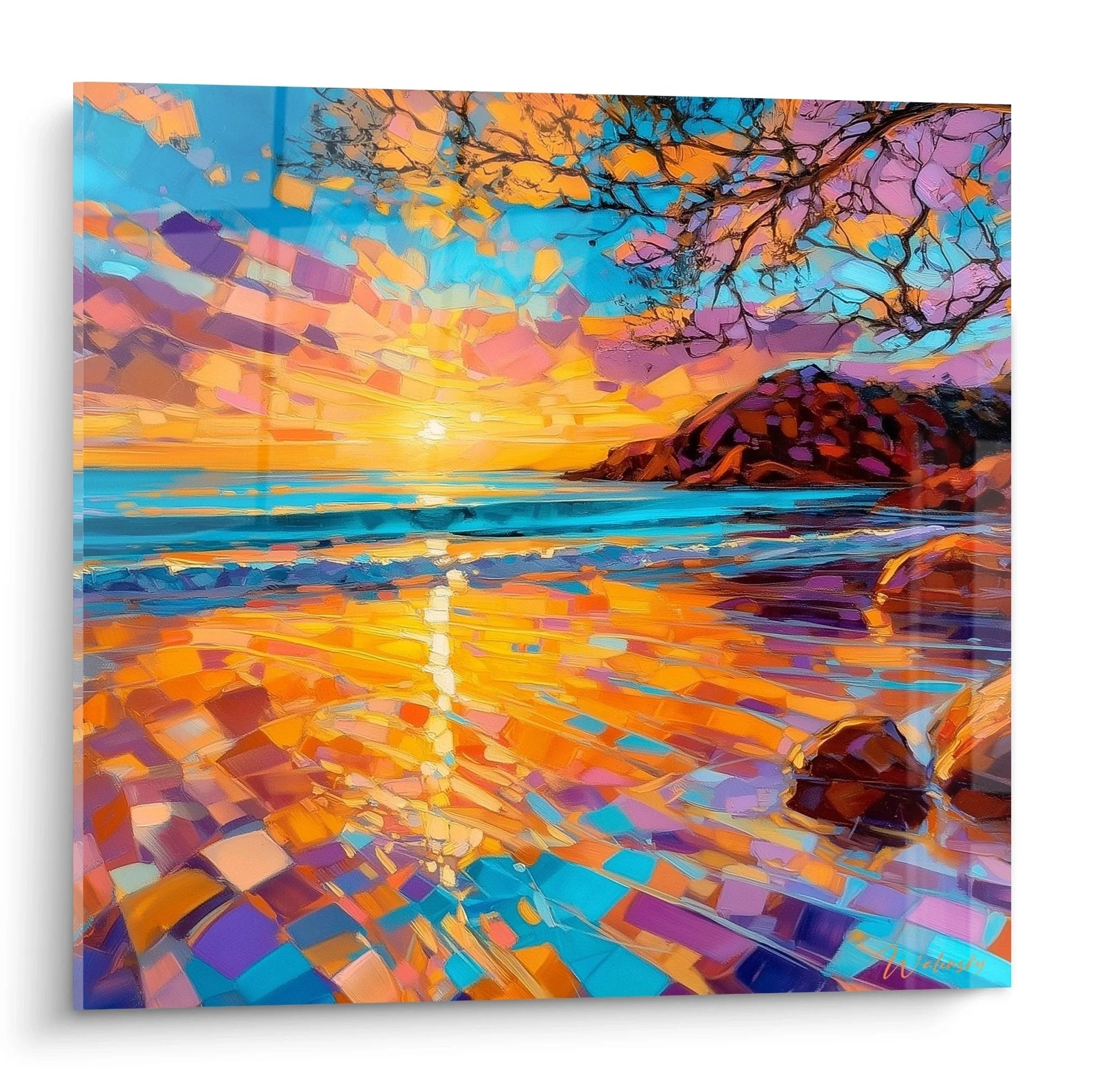 Wandbild Sonnenuntergang Strand mit leuchtenden Farben und modernem Mosaikstil