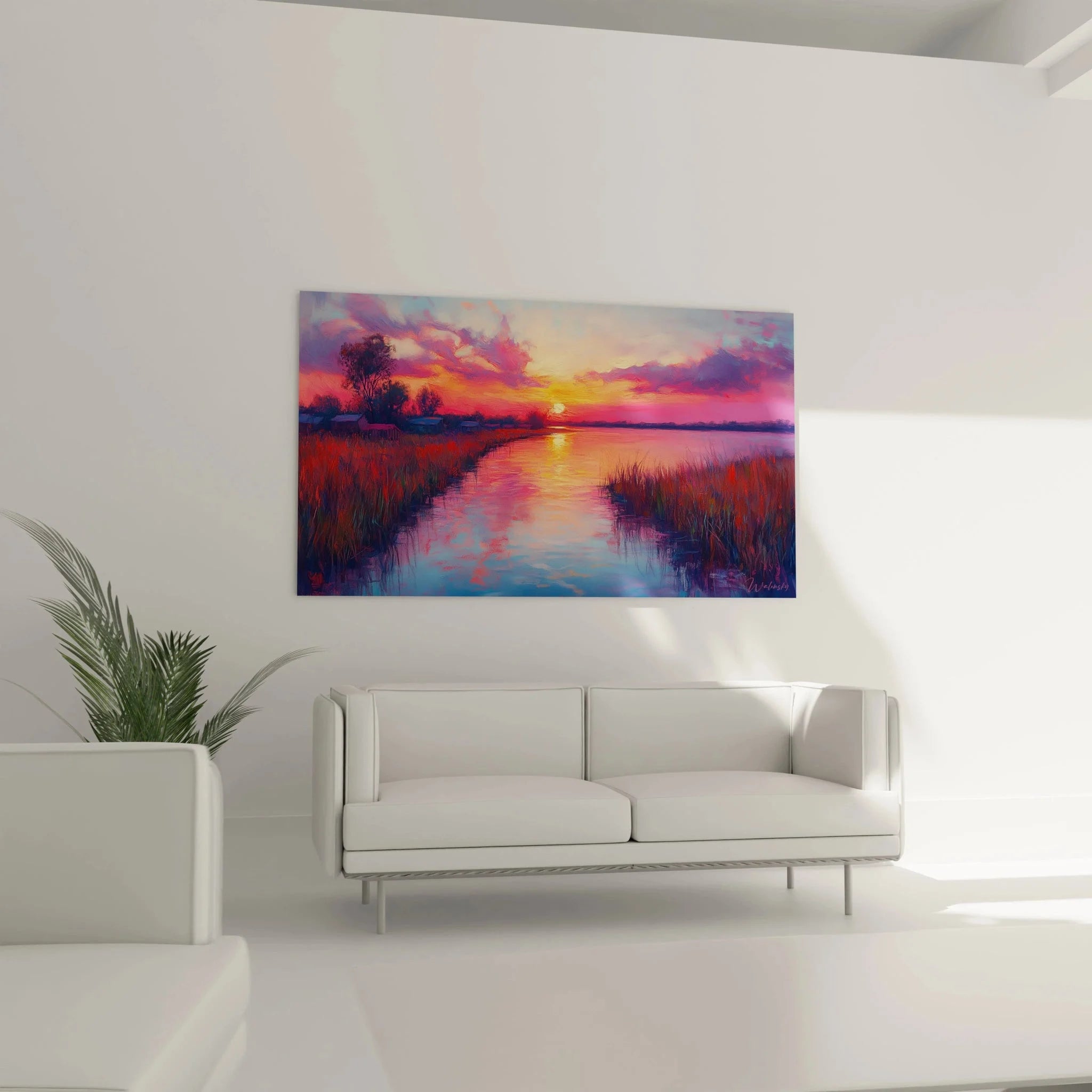 Detailaufnahme Wandbild mit Sonnenuntergang Farben und Schilf im Sumpfgebiet