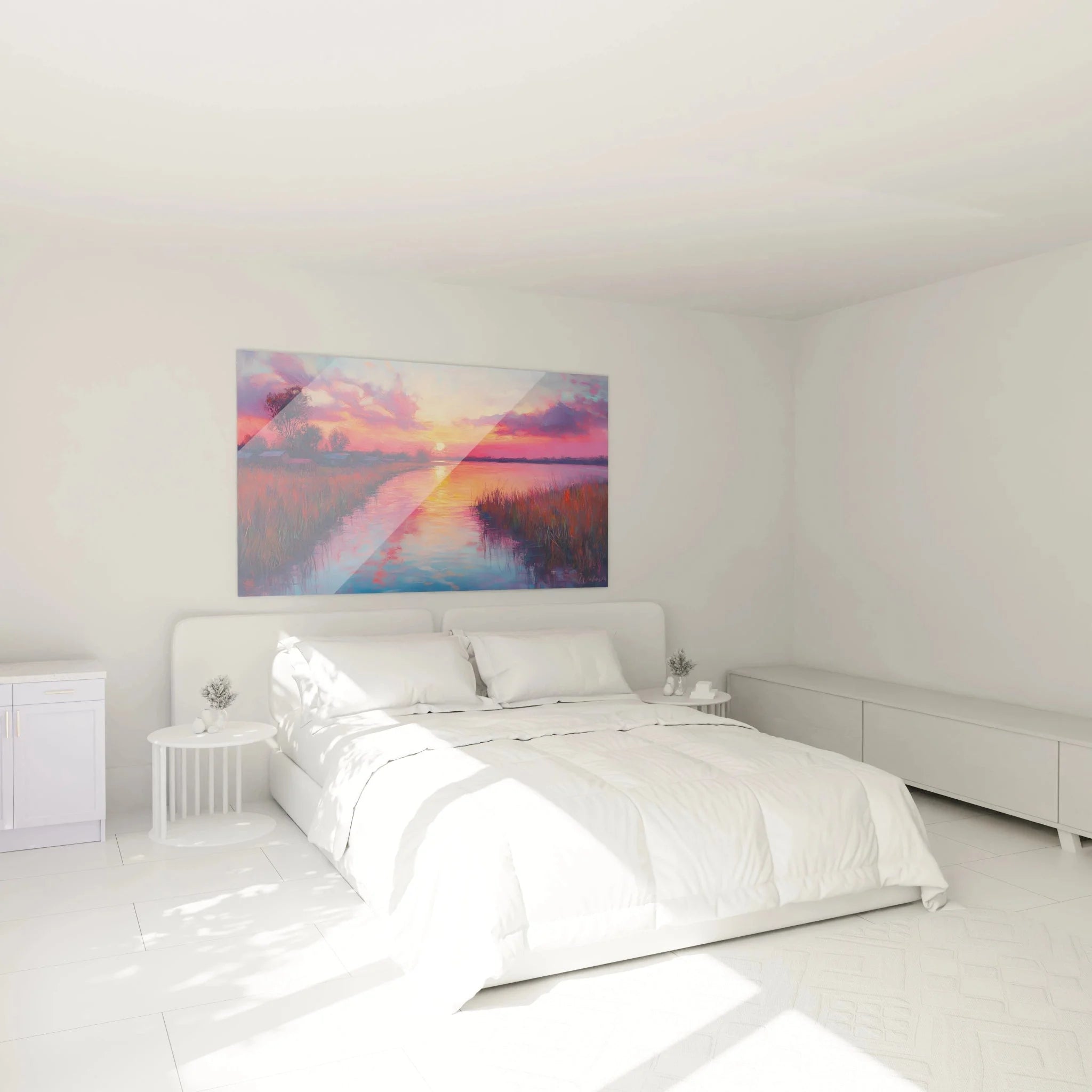 Wandbild Sonnenuntergang Sumpflandschaft im Schlafzimmer über dem Bett montiert
