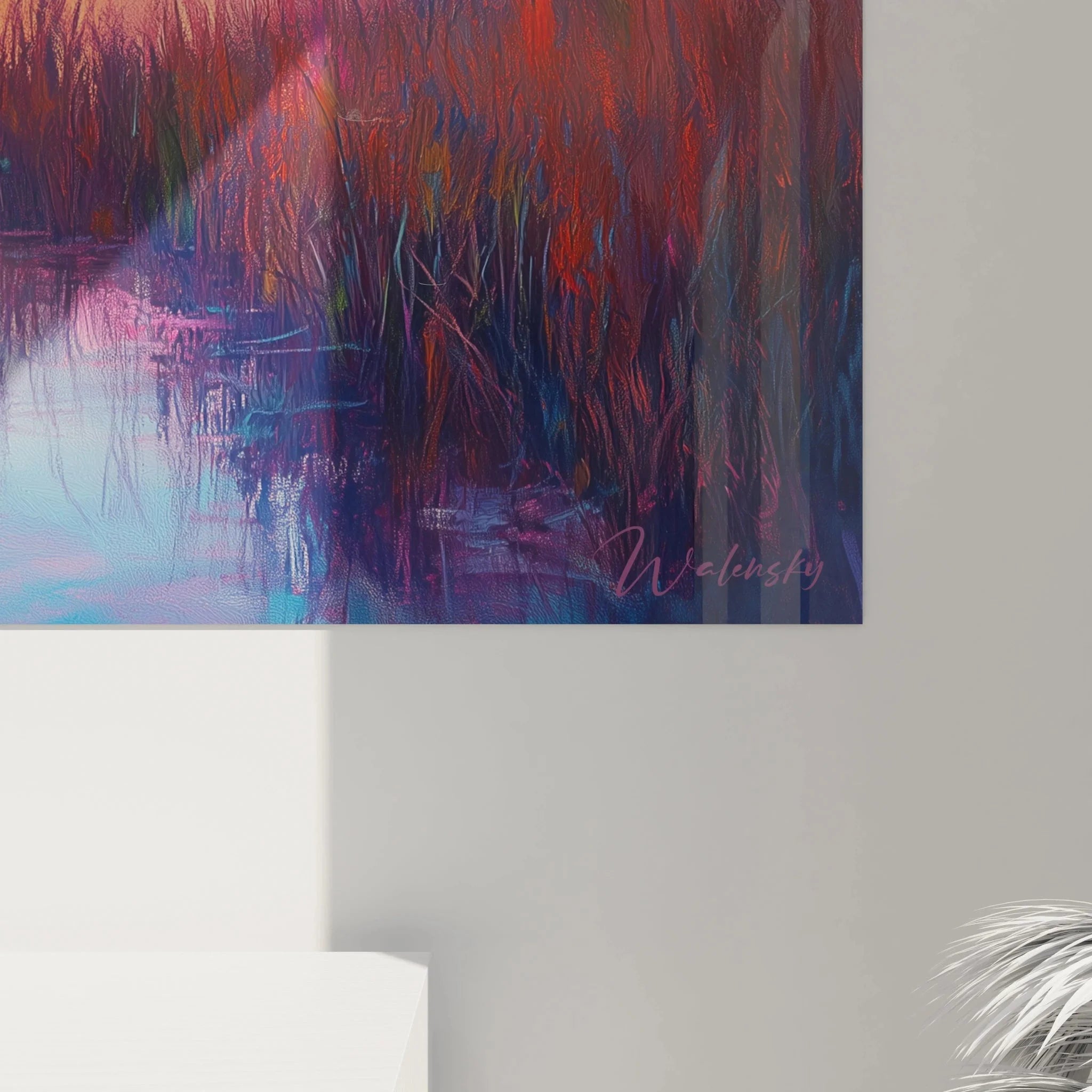 Gesamtansicht Wandbild Sonnenuntergang Sumpflandschaft an weißer Wand präsentiert