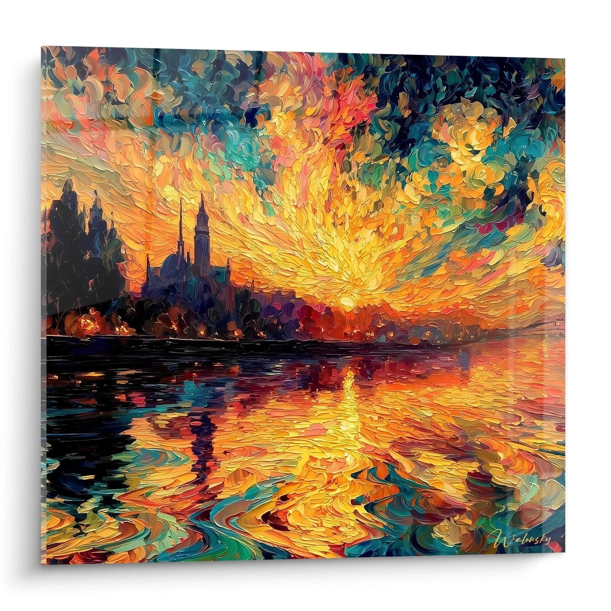 Wandbild Sonnenuntergang Venedig im Pointillismus-Stil mit feurigen Farben und venezianischer Architektur