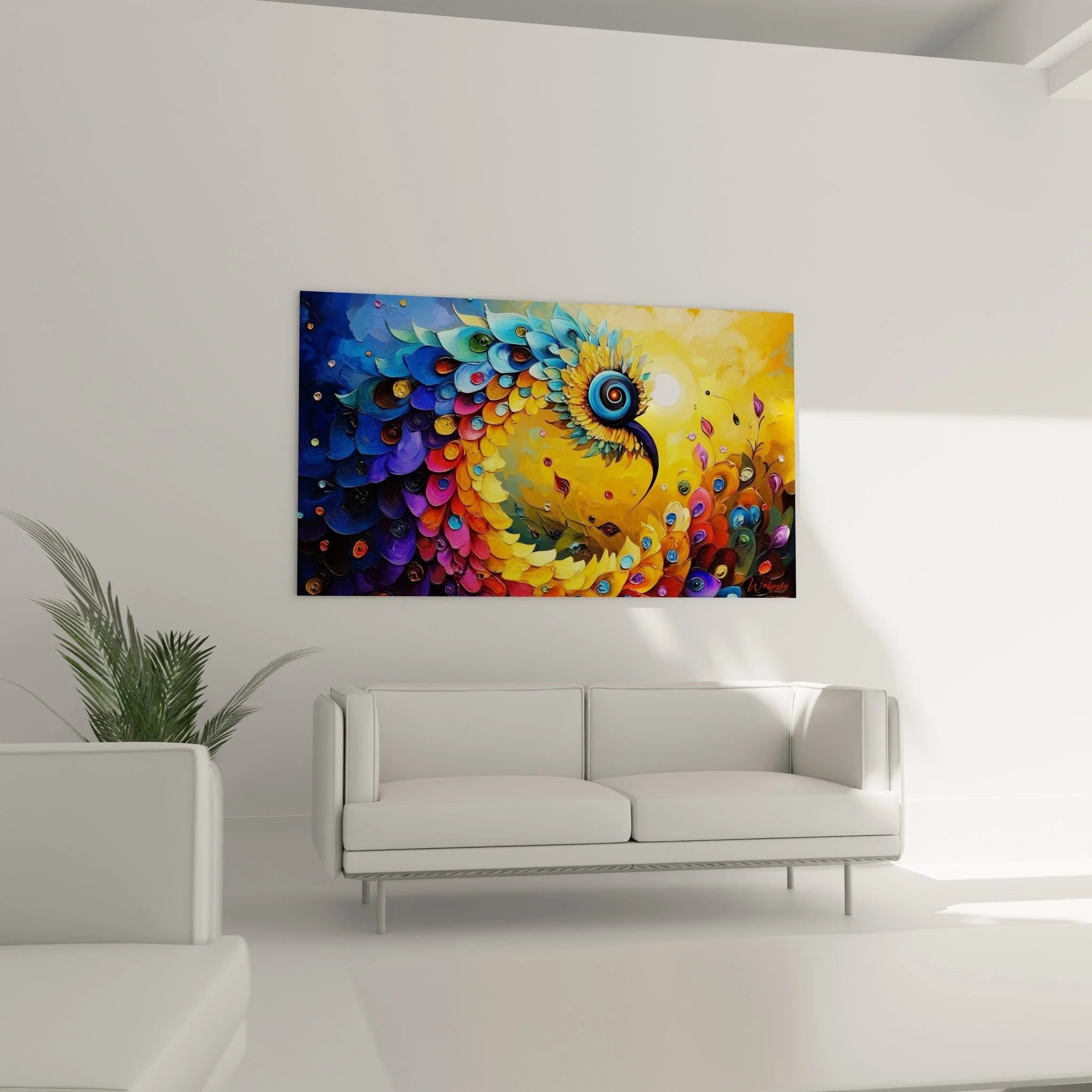 Detailansicht Wandbild abstrakte Spirale mit mystischem Auge Nahaufnahme Farbübergänge Blau Orange