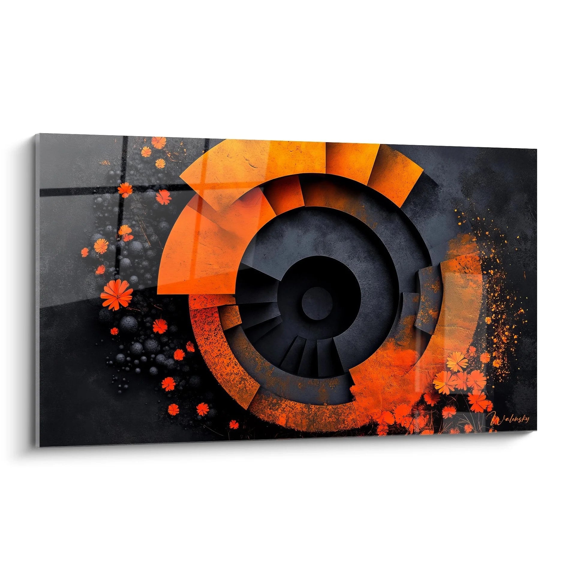 Abstraktes Wandbild mit orange Spirale und kosmischen Elementen in geometrischer Komposition