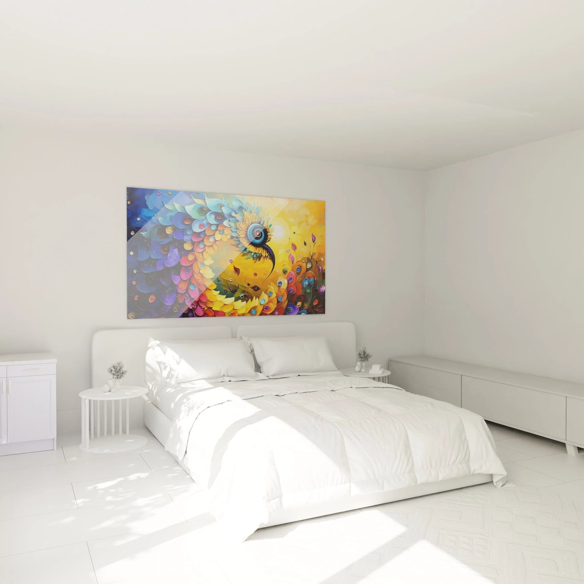 Wandbild Spirale Auge in modernem Schlafzimmer Ambiente abstrakte Wanddekoration XXL Format