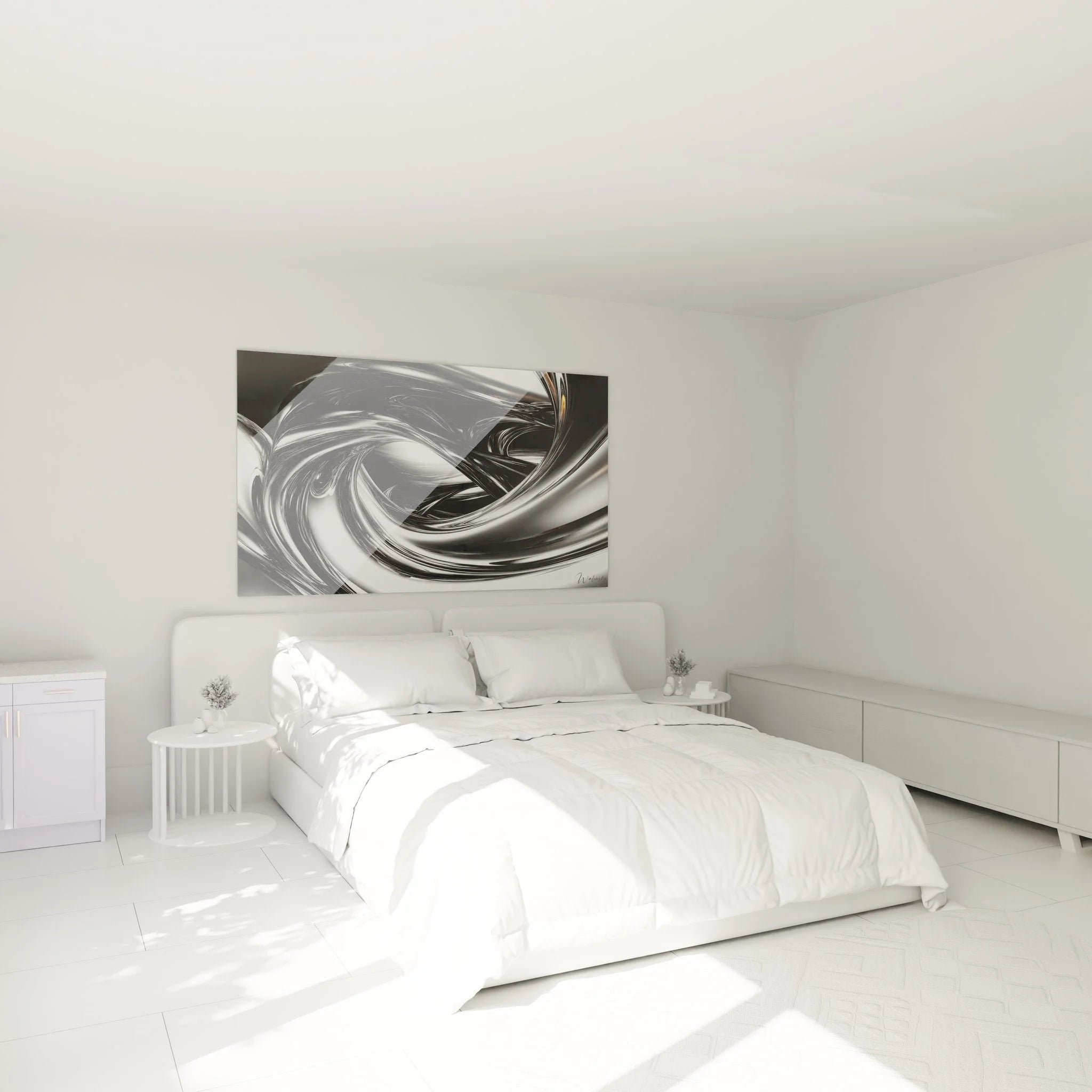 Elegantes Wandbild abstrakte Spiralen im Schlafzimmer Ambiente mit modernem Interior Design