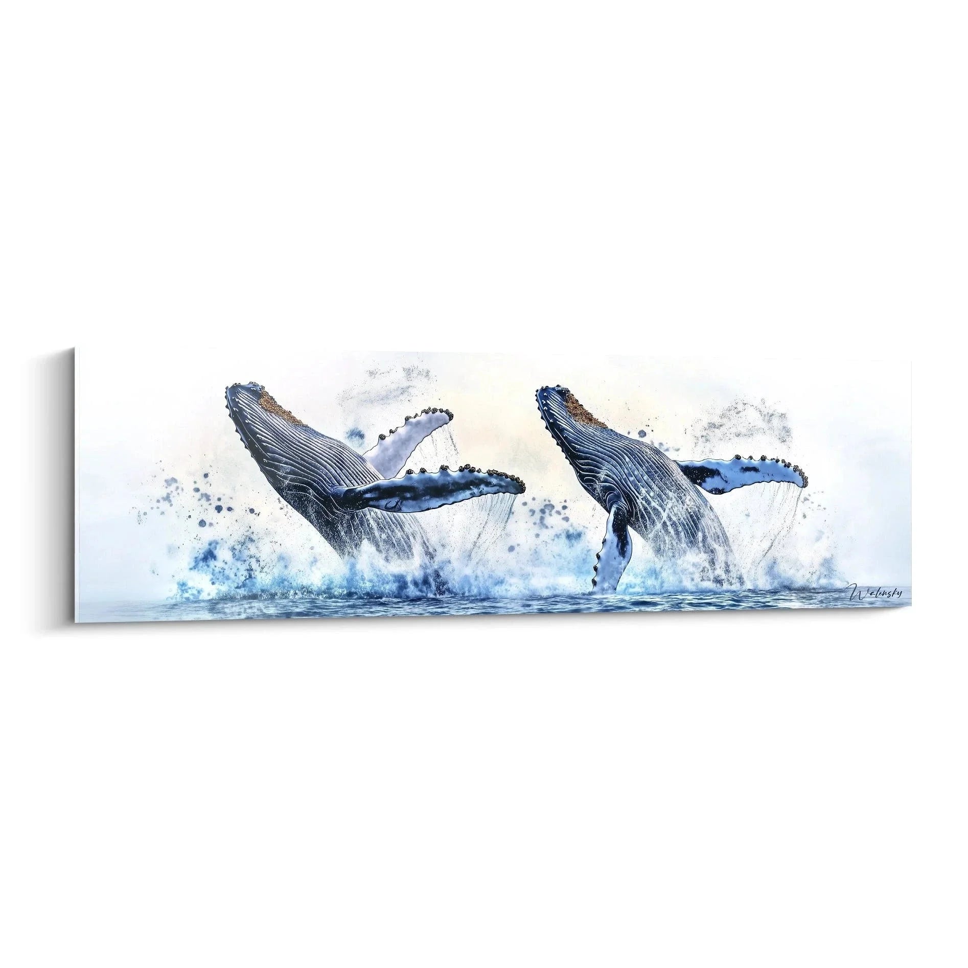 Wandbild springende Buckelwale im Aquarell-Stil, zwei Wale springen aus blauem Ozean, maritime Wandkunst