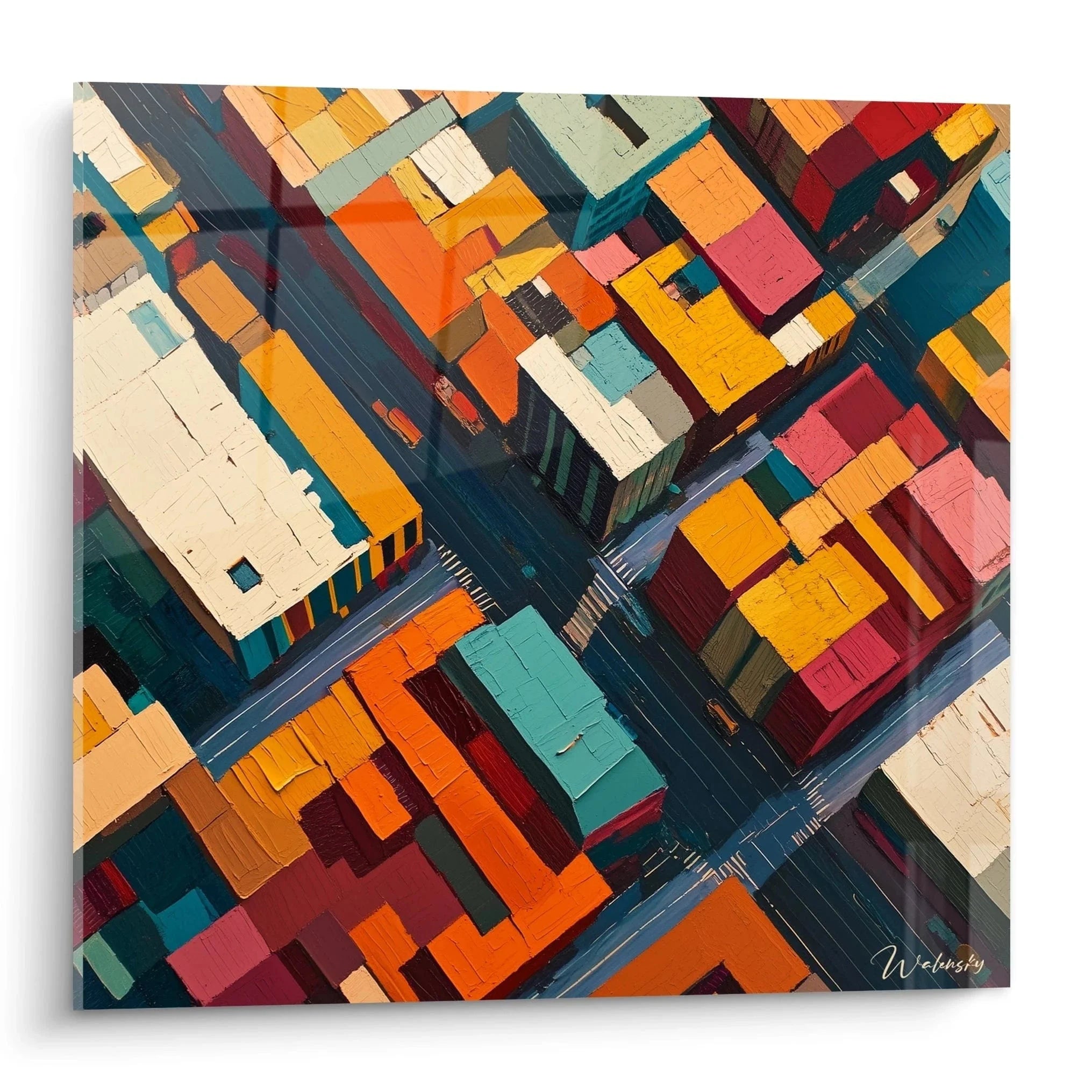 Kubistisches Wandbild Stadtansicht mit geometrischen Gebäuden in Orange, Blau und Rot - Edition Kubismus