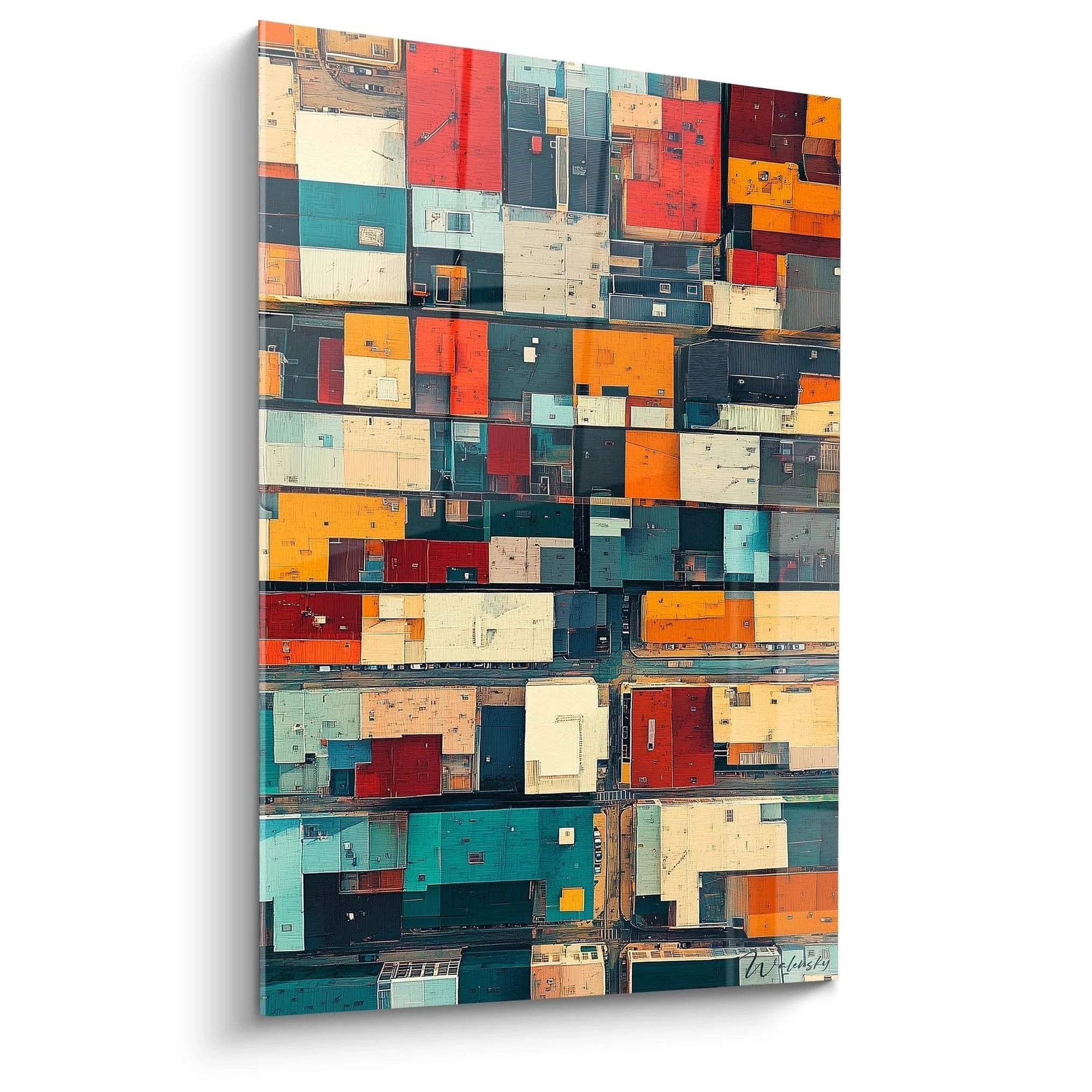 Wandbild Stadtarchitektur kubistisch - Vogelperspektive mit geometrischen Formen in warmen und kühlen Farbtönen