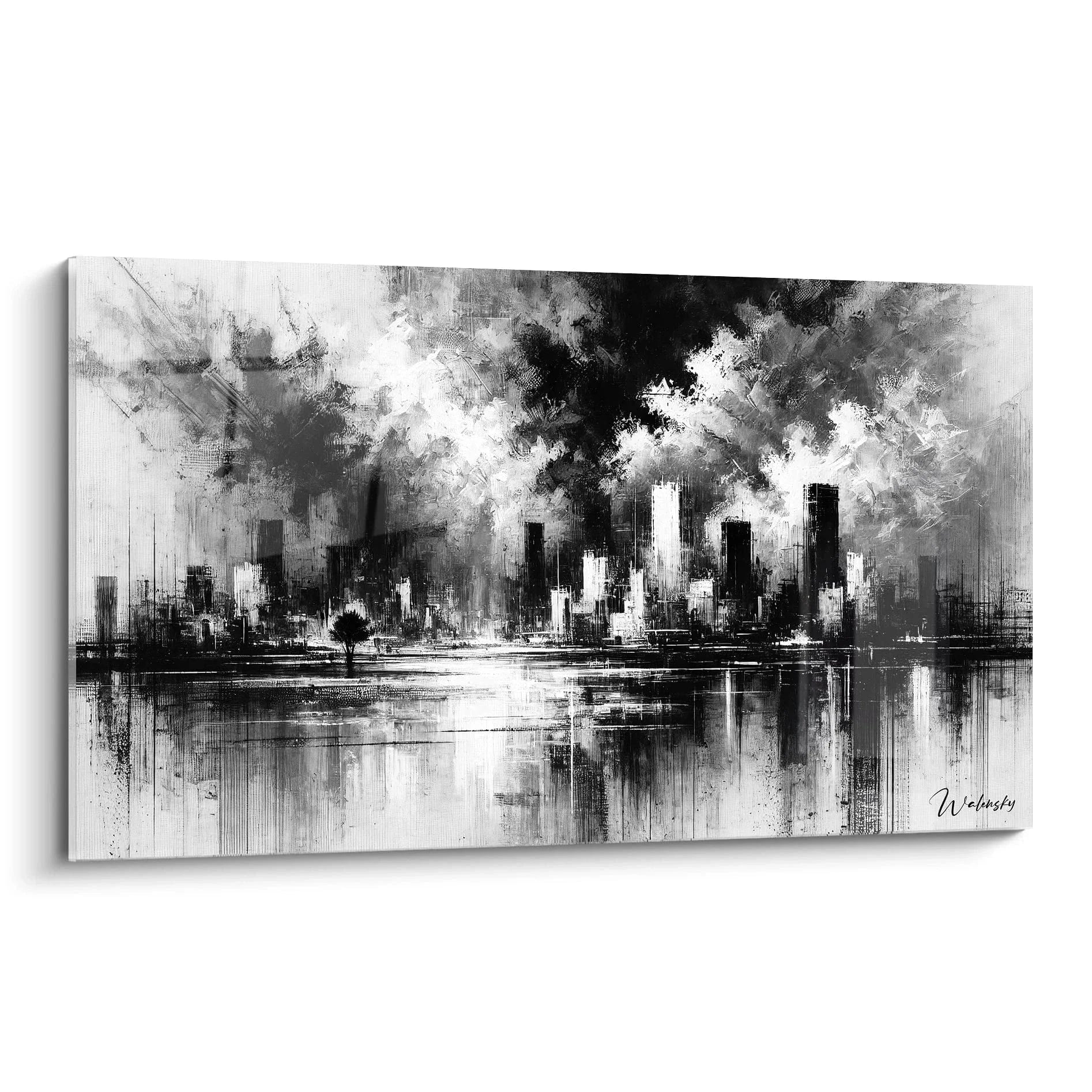 Wandbild Stadtlandschaft abstrakt schwarz-weiß mit Skyline und Wasserspiegelung