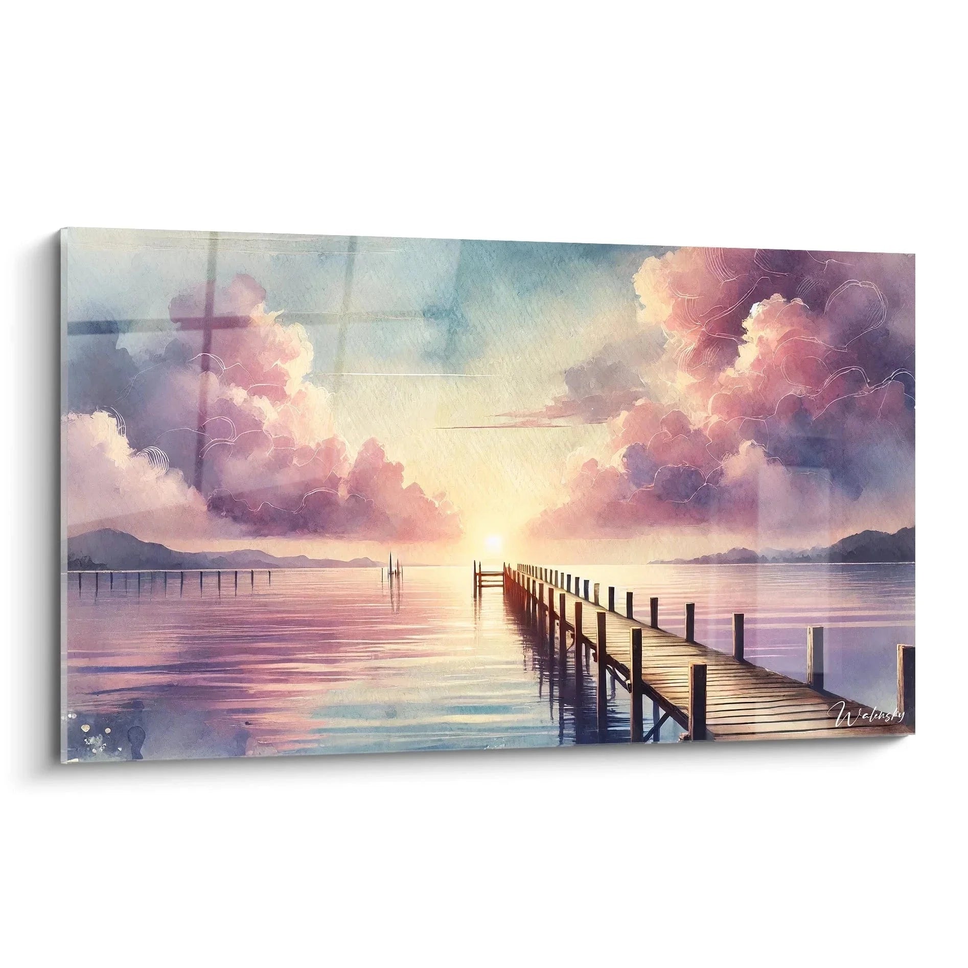 Wandbild Steg Sonnenuntergang mit dramatischen Wolken und romantischer Abendstimmung am ruhigen See