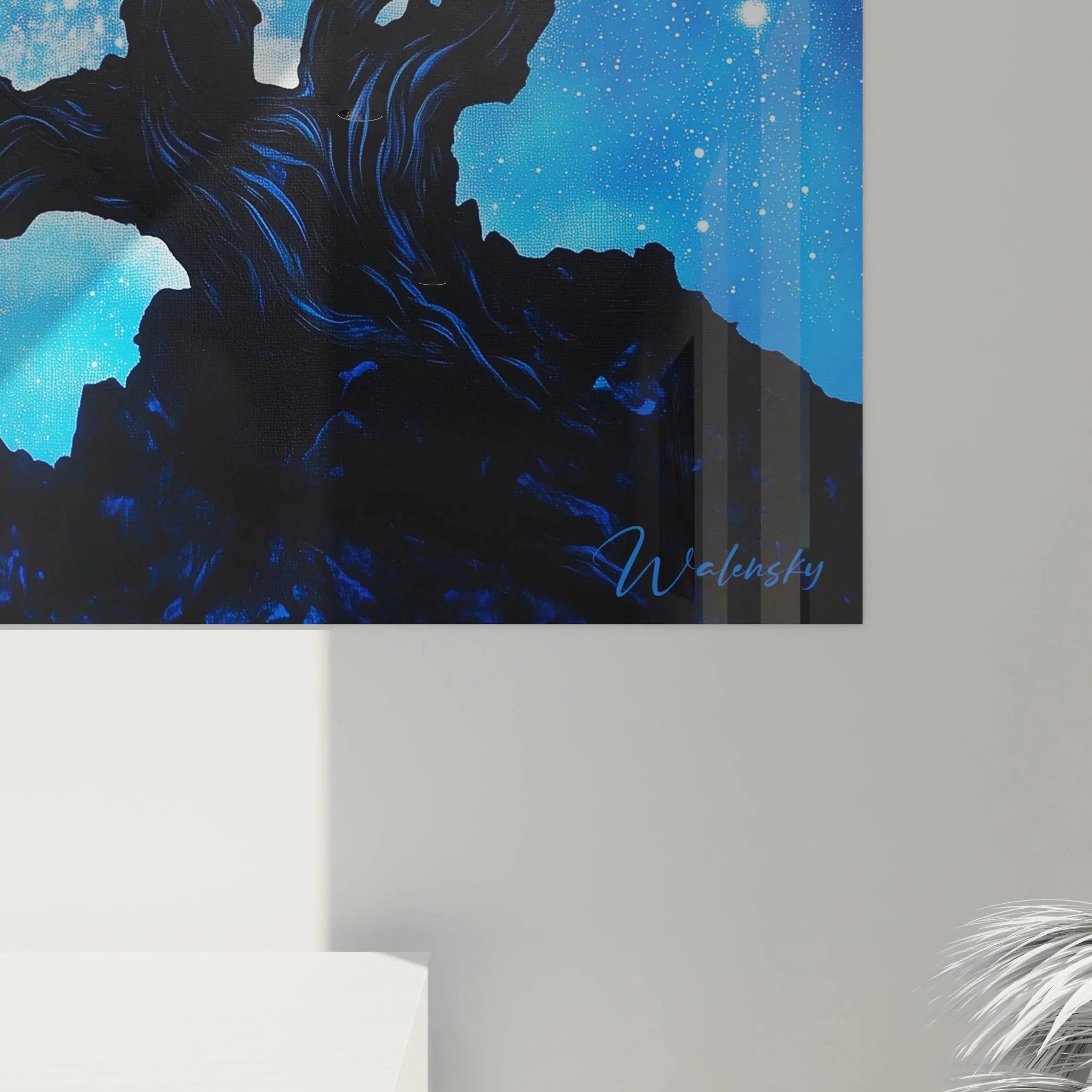 Gesamtansicht Wandbild kosmische Landschaft mit Baum - komplette Sternenhimmel Komposition Übersicht