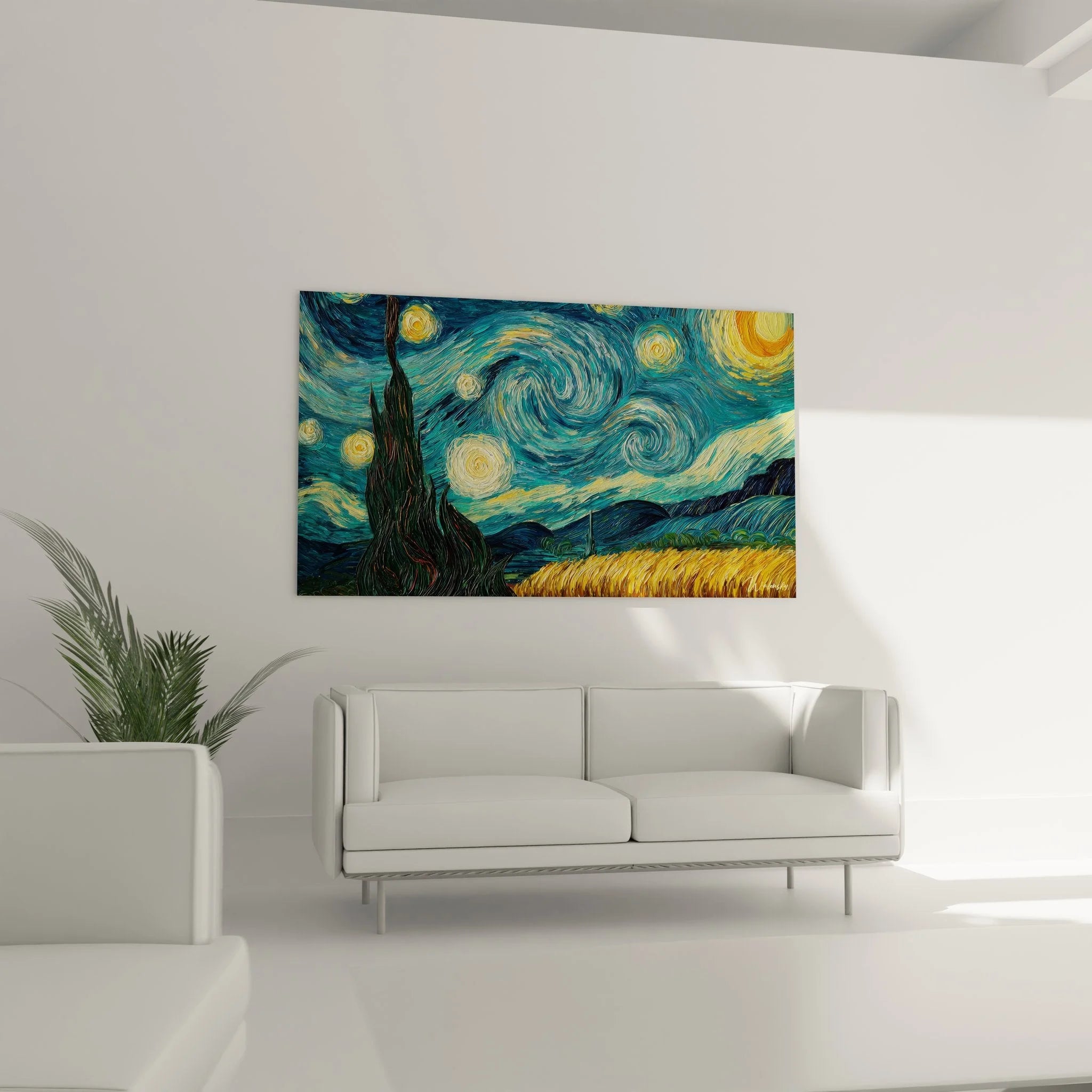 Detailansicht Wandbild Sternennacht zeigt leuchtende Sterne und charakteristische Pinselstriche