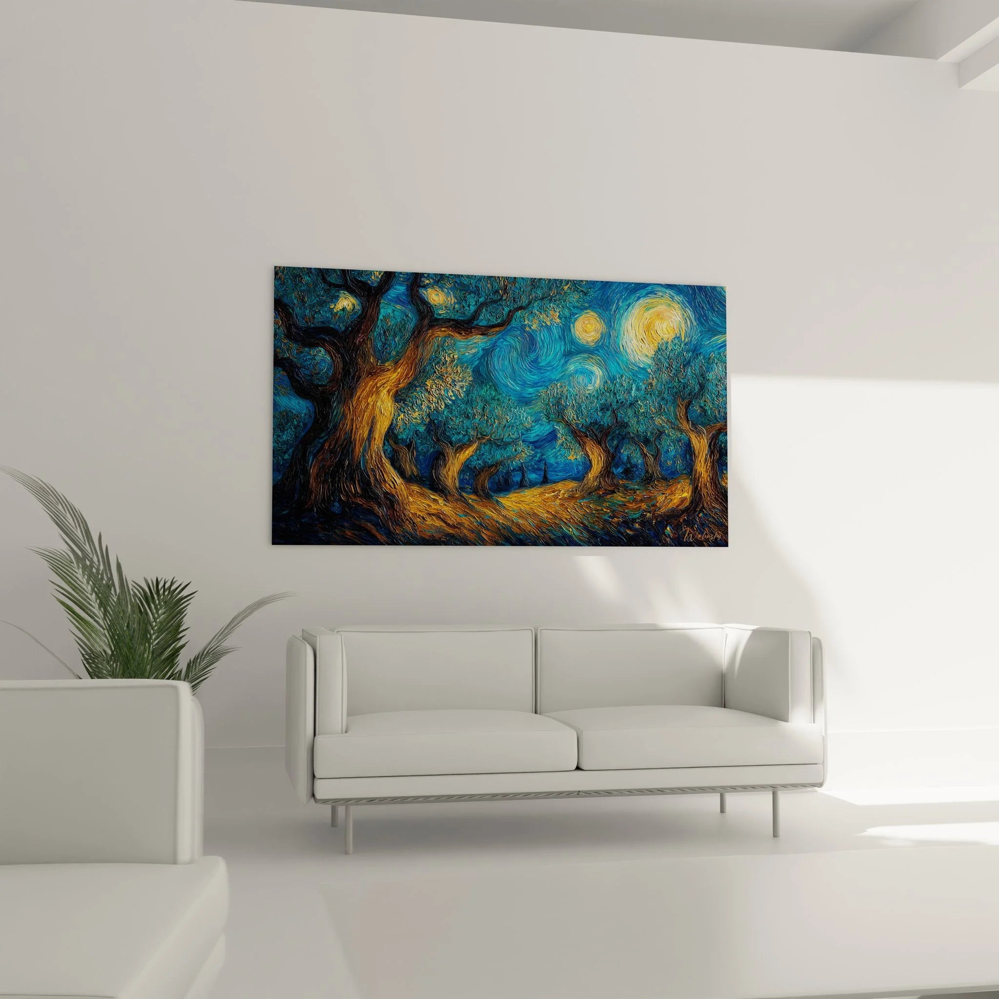 Detailaufnahme Wandbild Sternennacht zeigt wirbelnde Pinselstriche und leuchtende Sterne im Van Gogh Stil