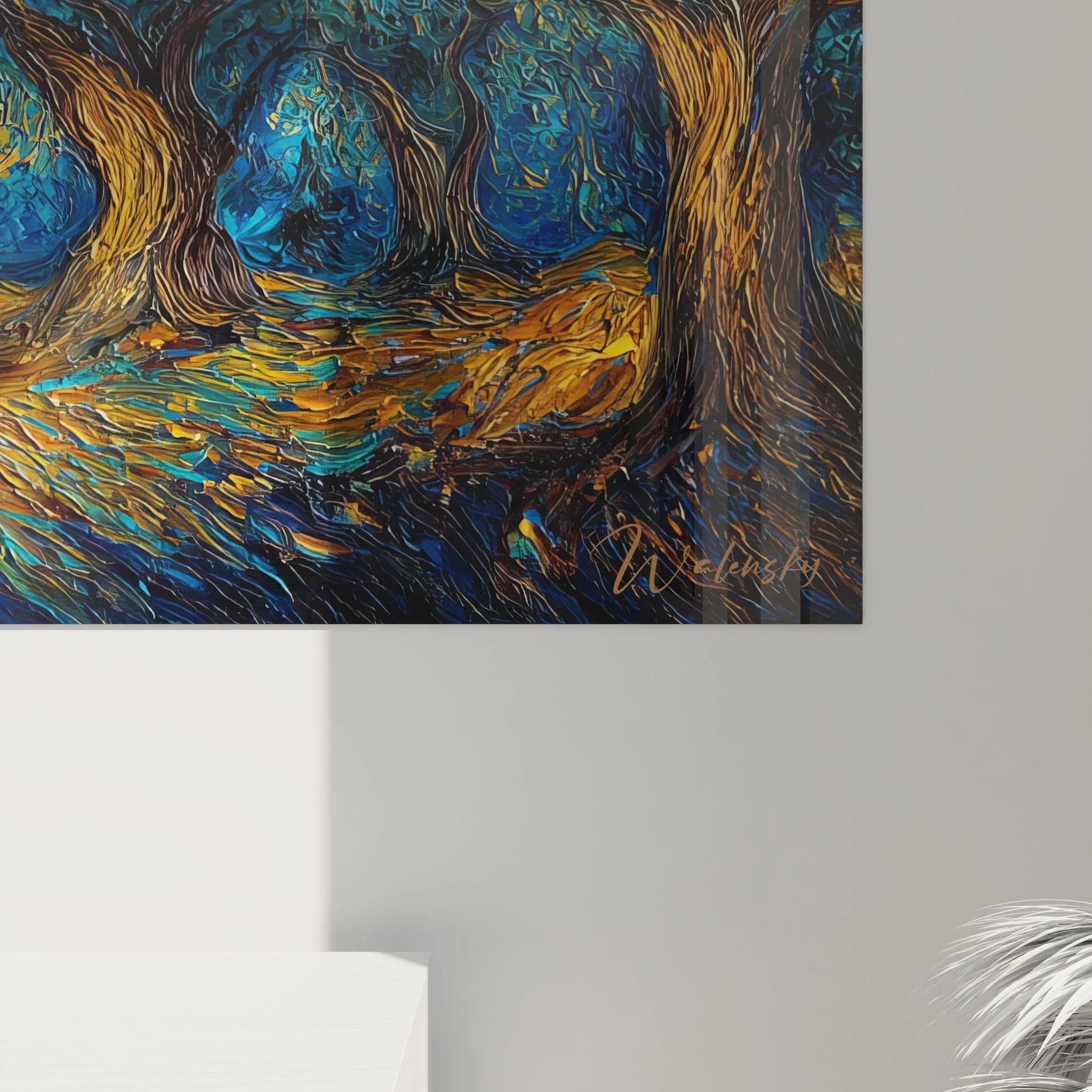 Gesamtansicht Wandbild Sternennacht Van Gogh inspiriert mit mystischer Traumlandschaft und Spiralwolken