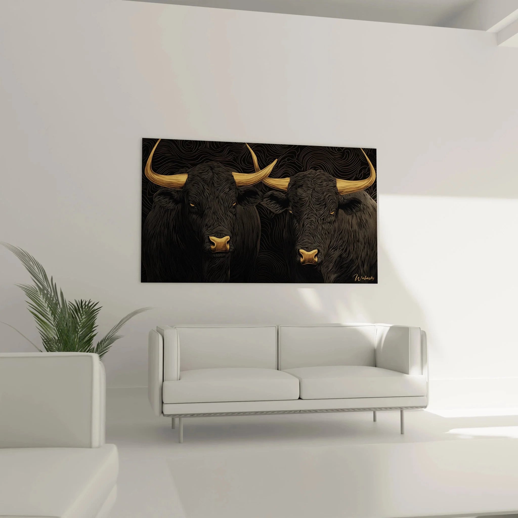 Nahaufnahme Wandbild Stier goldene Hörner Details japanische Linienführung Kunstdruck