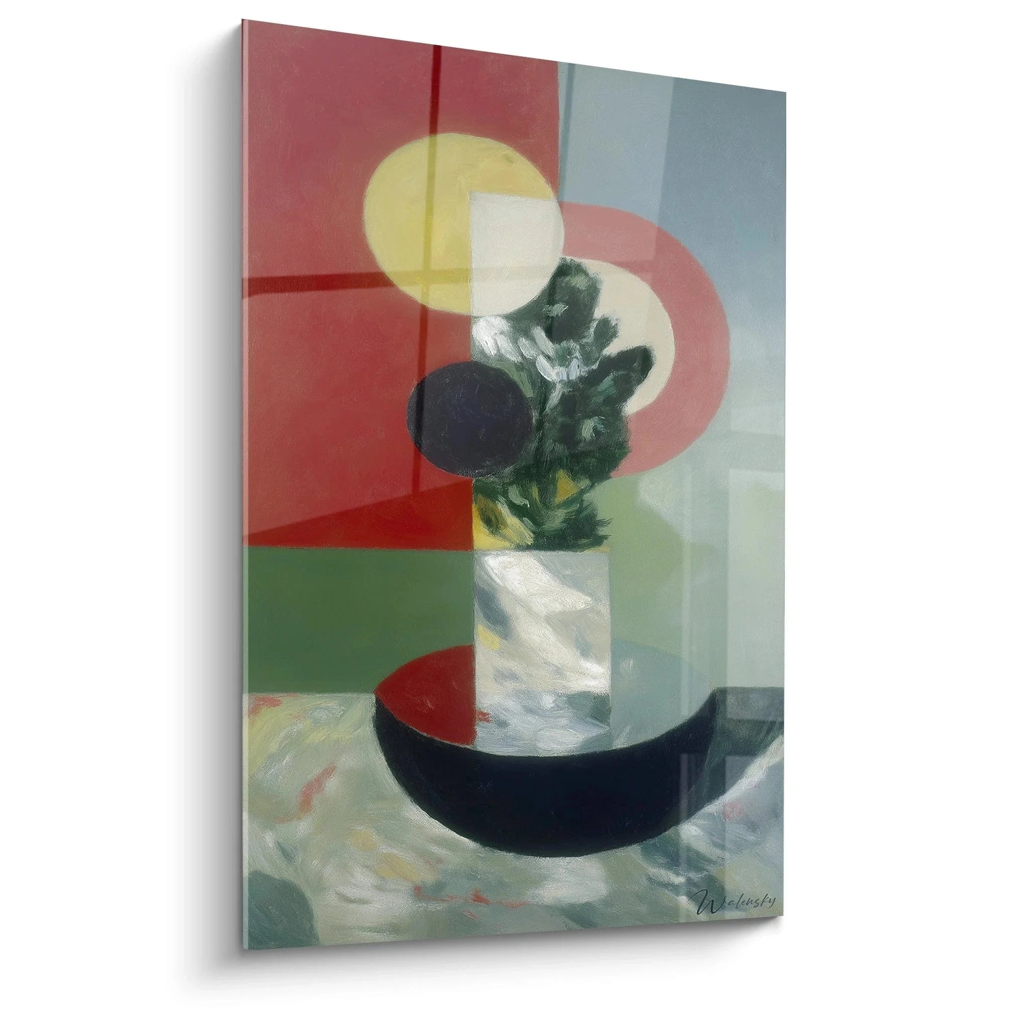 Wandbild Stillleben abstrakt mit Vase und geometrischen Formen im Dadaismus Stil für moderne Wandgestaltung