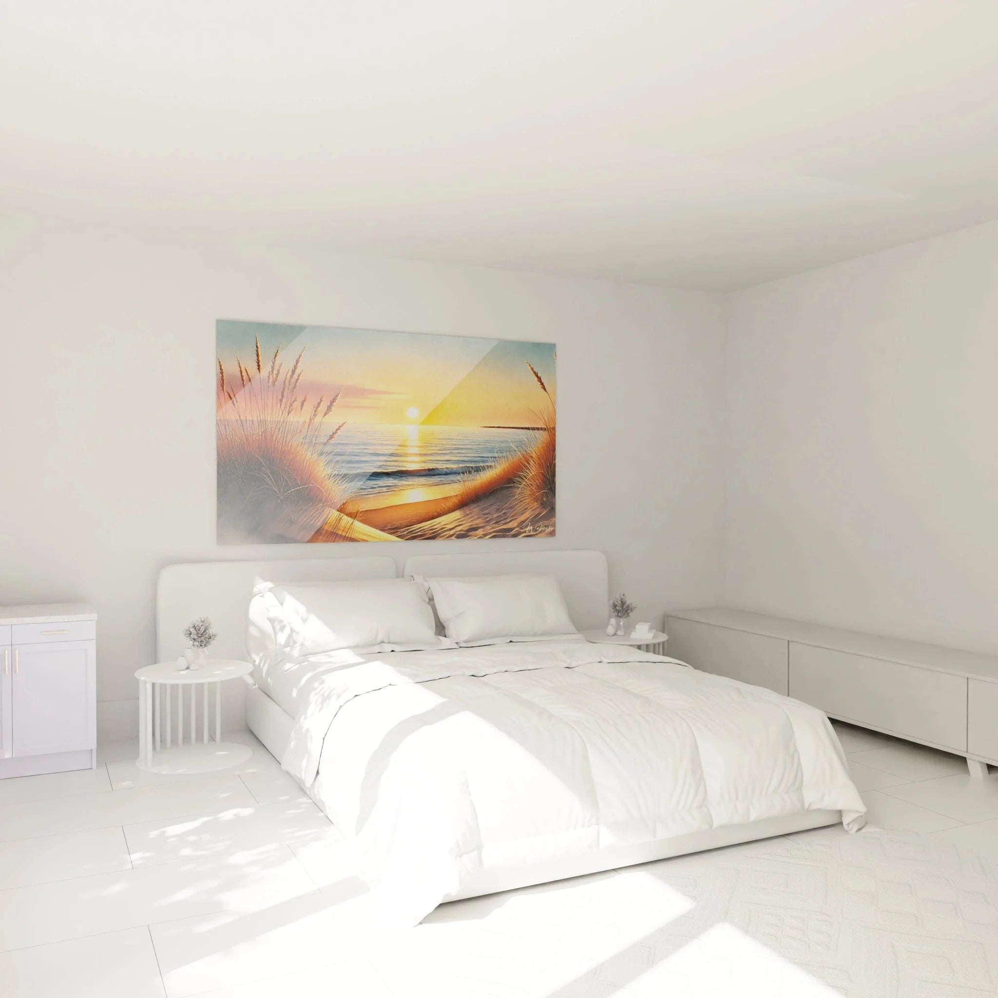 Wandbild Strand Sonnenuntergang in Schlafzimmer Ambiente mit warmem Licht und Dünenlandschaft