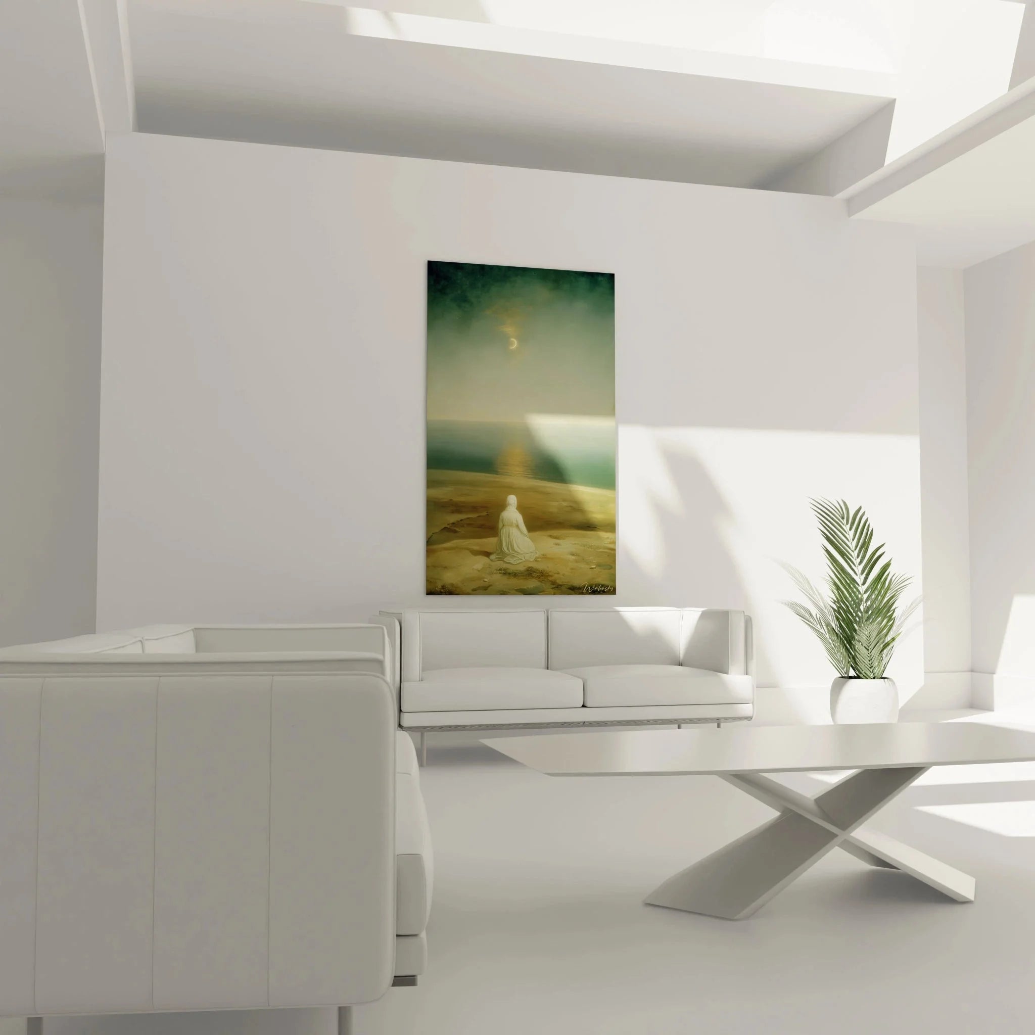 Detailansicht Wandbild Strandmeditation weiß gekleidete kniende Gestalt am Strand romantische Malerei
