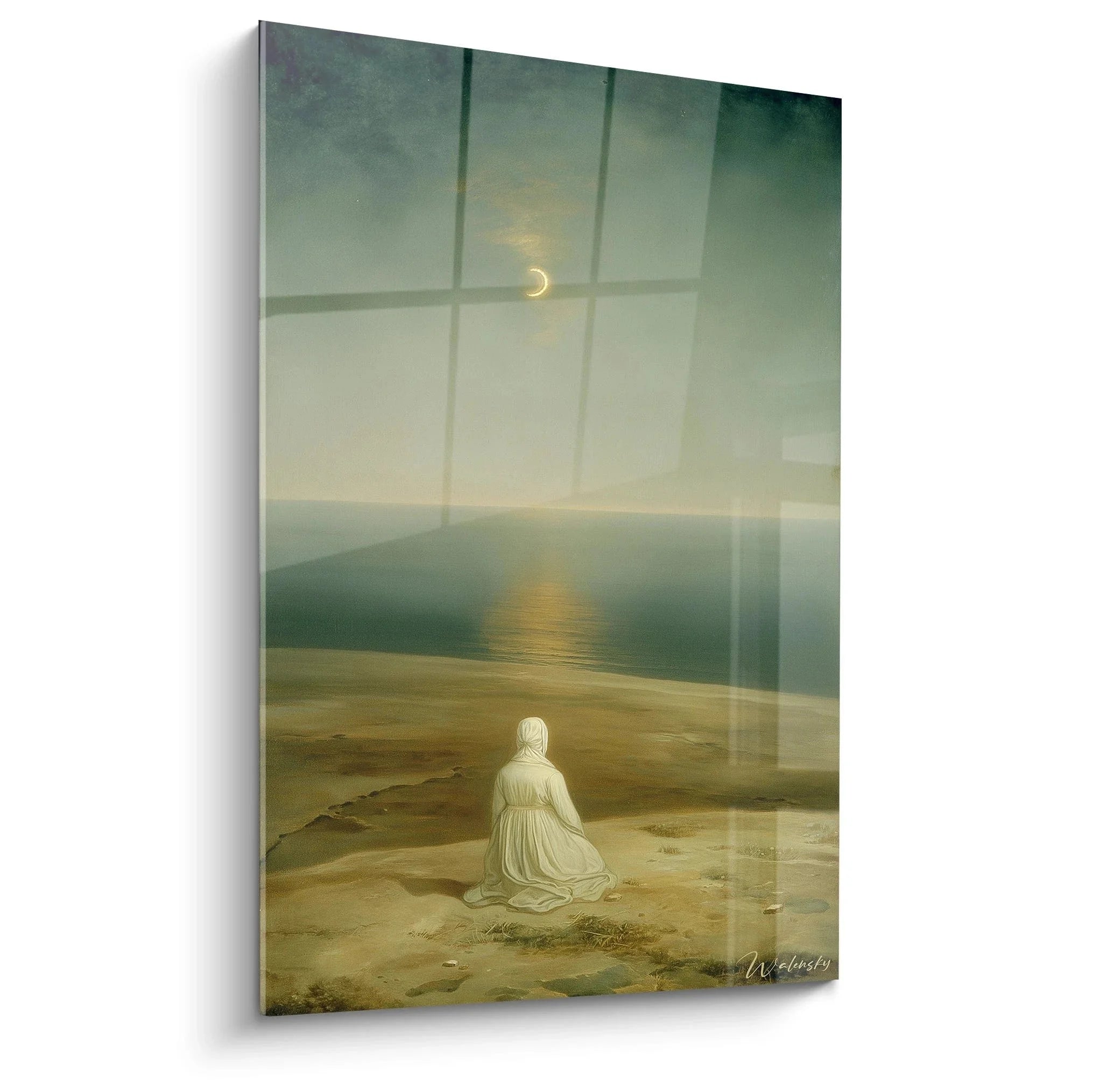 Wandbild Strandmeditation zeigt einsame weiß gekleidete Figur am Strand mit Mondschein romantische Meereslandschaft