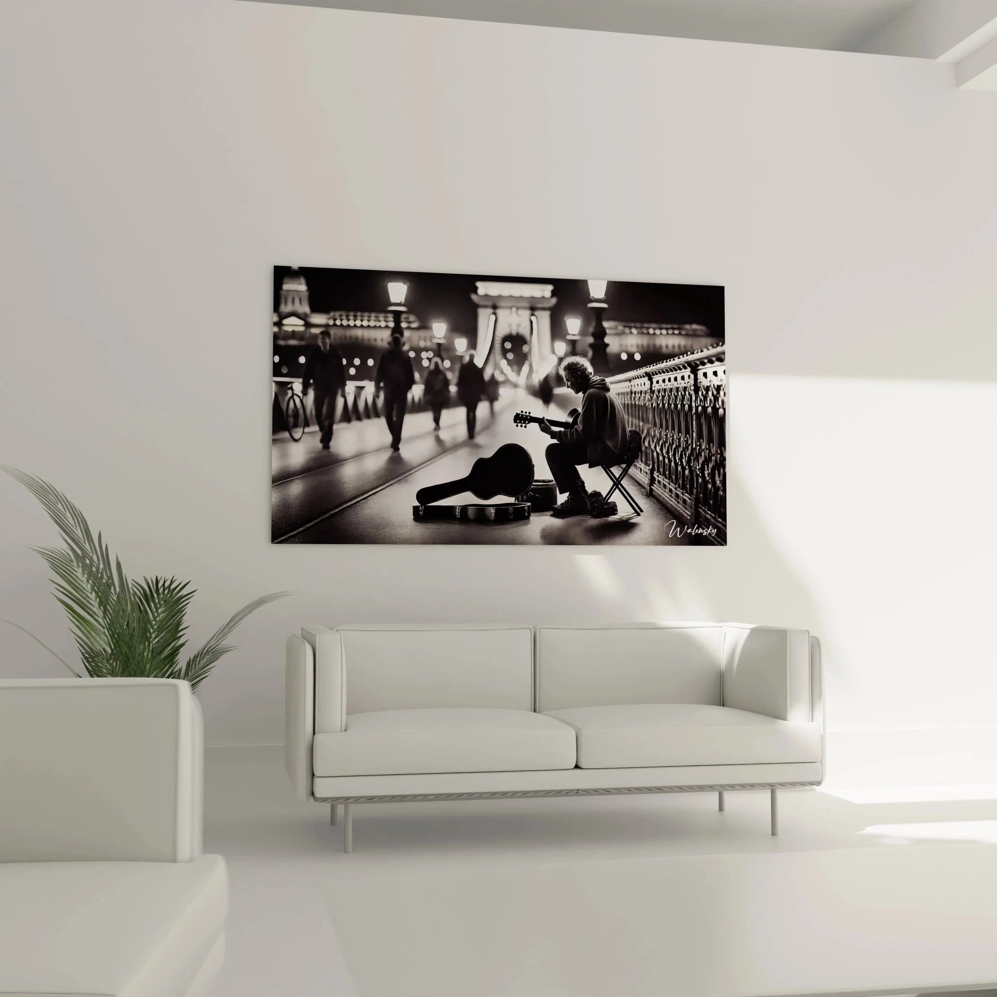 Detailansicht Wandbild Straßenmusiker, hochwertige schwarz-weiß Fotografie, Gitarrist Nahaufnahme