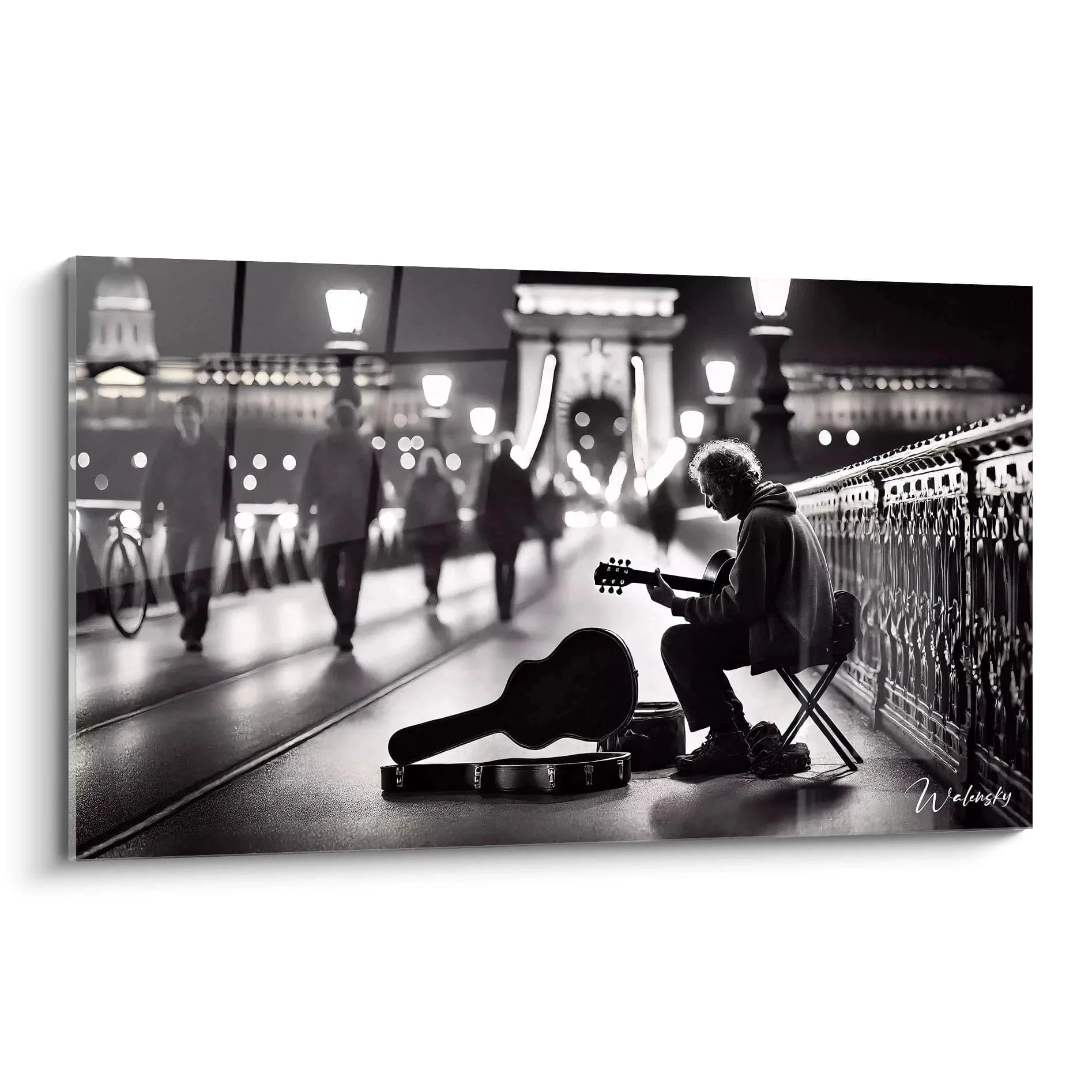 Wandbild Straßenmusiker schwarz-weiß, Gitarrist auf nächtlicher Brücke, Edition Schwarz-Weiß-Figur
