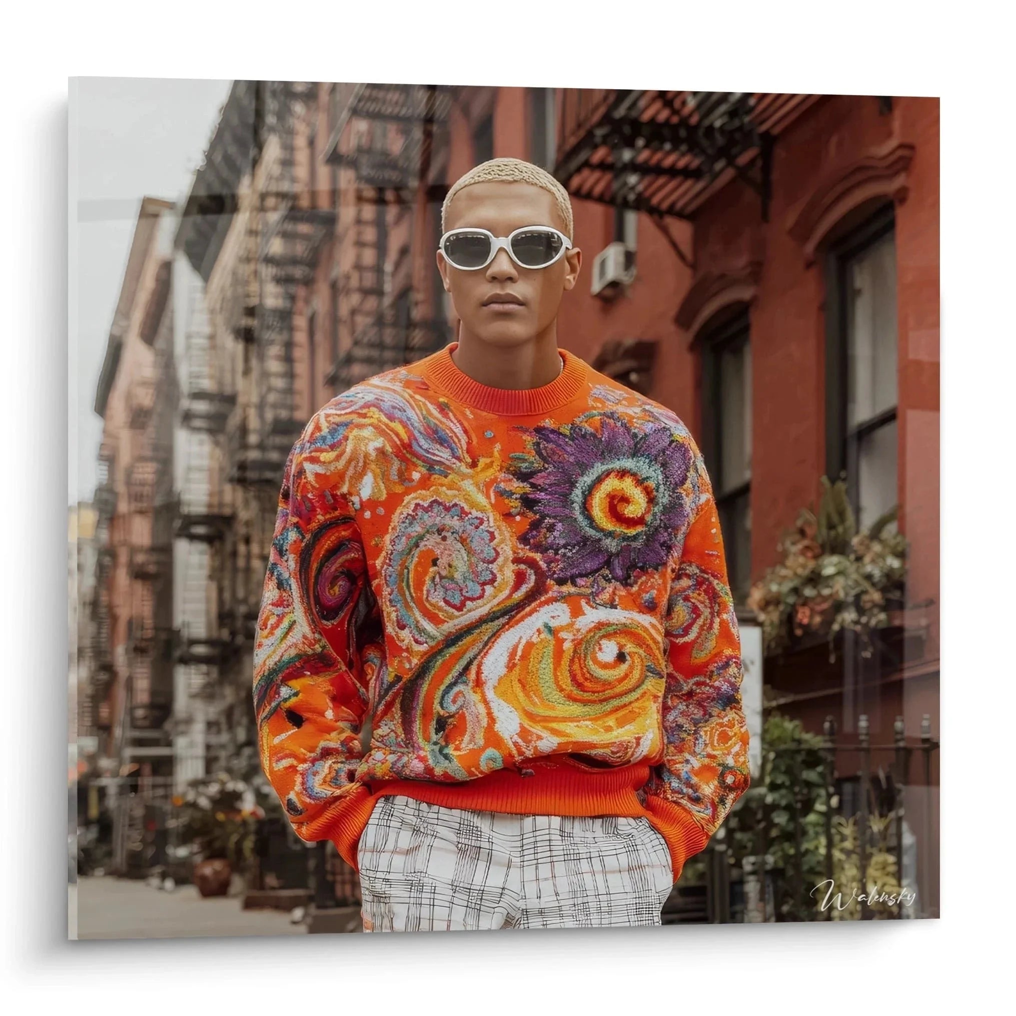 Wandbild Streetwear Fashion zeigt Person in buntem Pullover vor urbaner Kulisse mit Feuertreppen