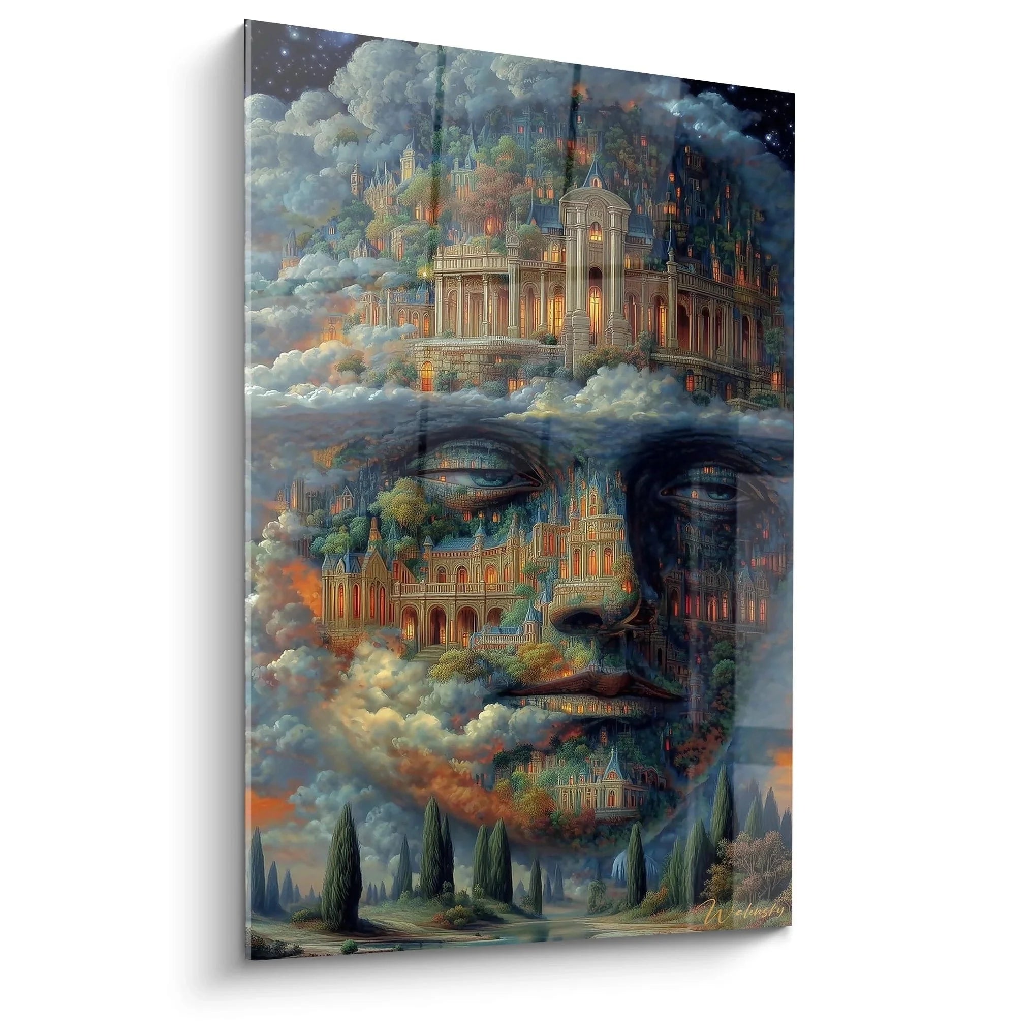 Surreales Wandbild mit Gesicht und Architektur in Wolken - Edition Surrealismus für moderne Räume
