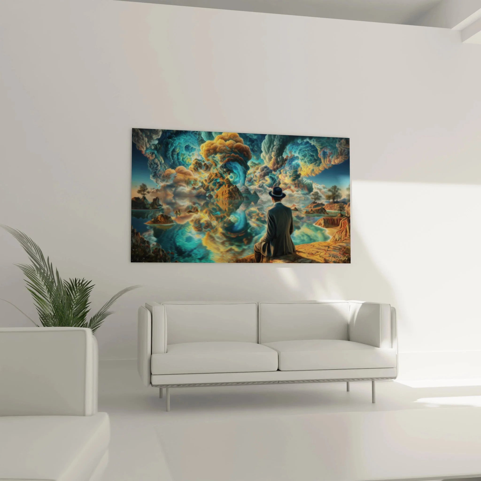 Detailaufnahme surrealistisches Wandbild mystische Wolkenstrukturen Orange Türkis Farbverläufe Fantasy Kunst