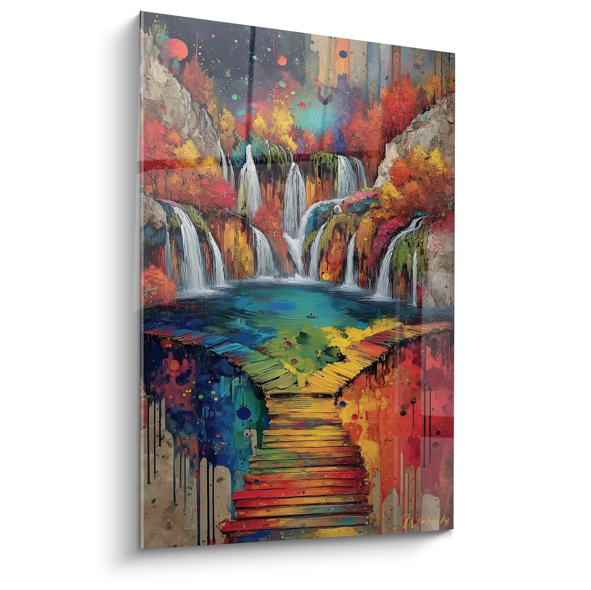 Wandbild surrealer Wasserfall mit bunten Farbspritzern und mystischer Holztreppe