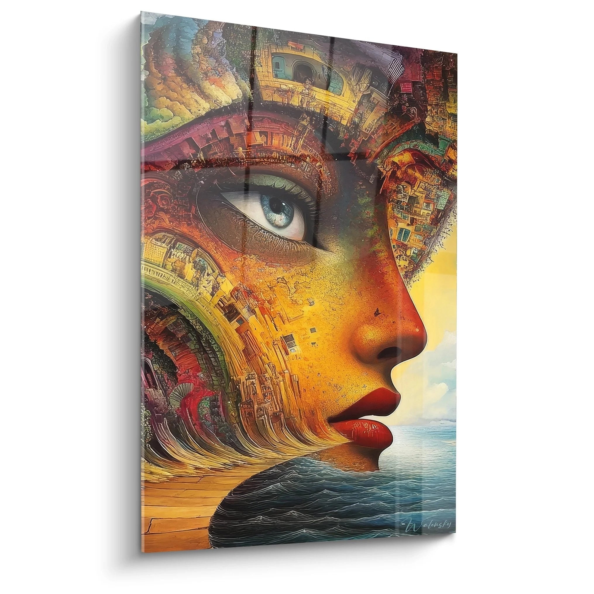 Surreales Wandbild mit weiblichem Gesicht und bunten architektonischen Strukturen im Surrealismus Stil