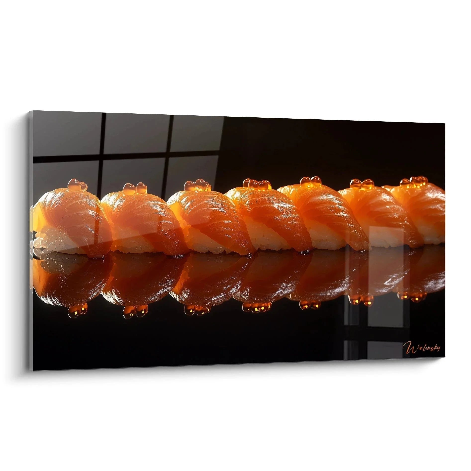 Wandbild Sushi Lachs Nigiri mit Reflexion auf spiegelnder Oberfläche für moderne Küchendekoration