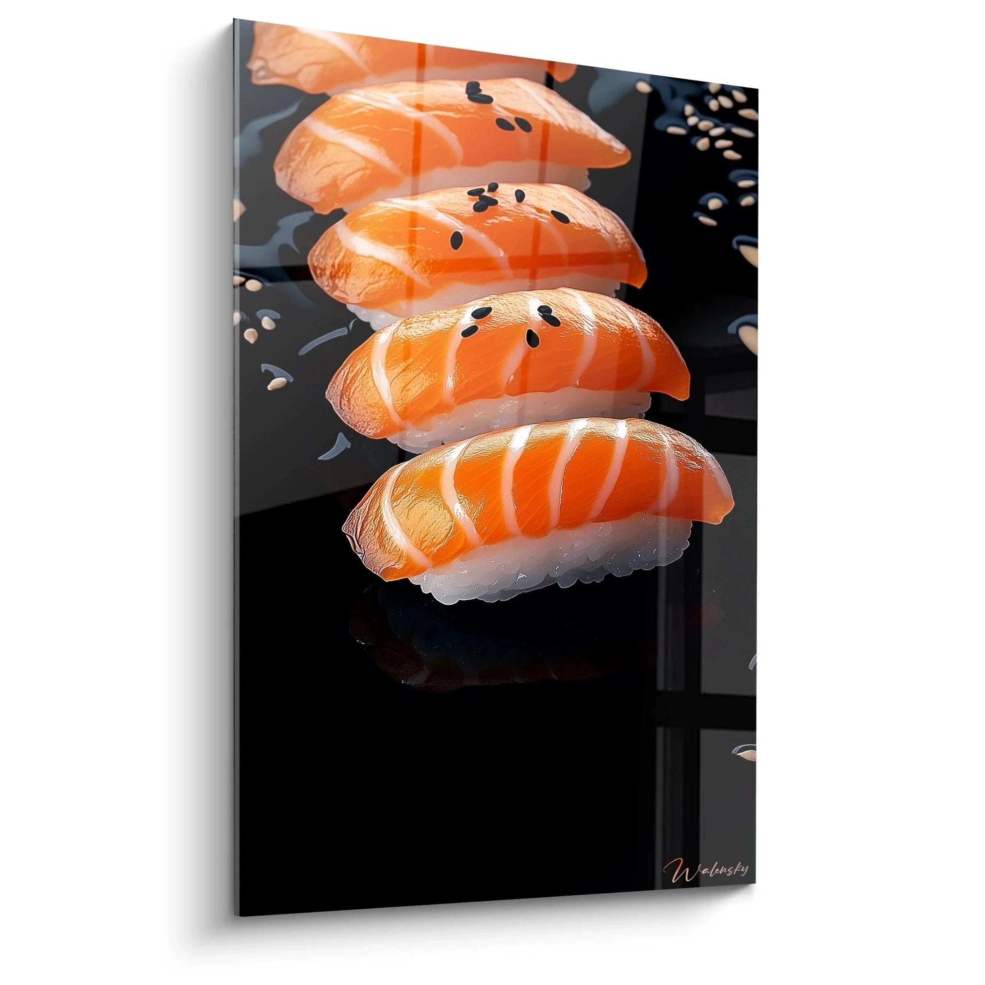 Wandbild mit vier schwebenden Lachs-Nigiri Sushi vor dunklem Hintergrund - Küchen-Dekoration