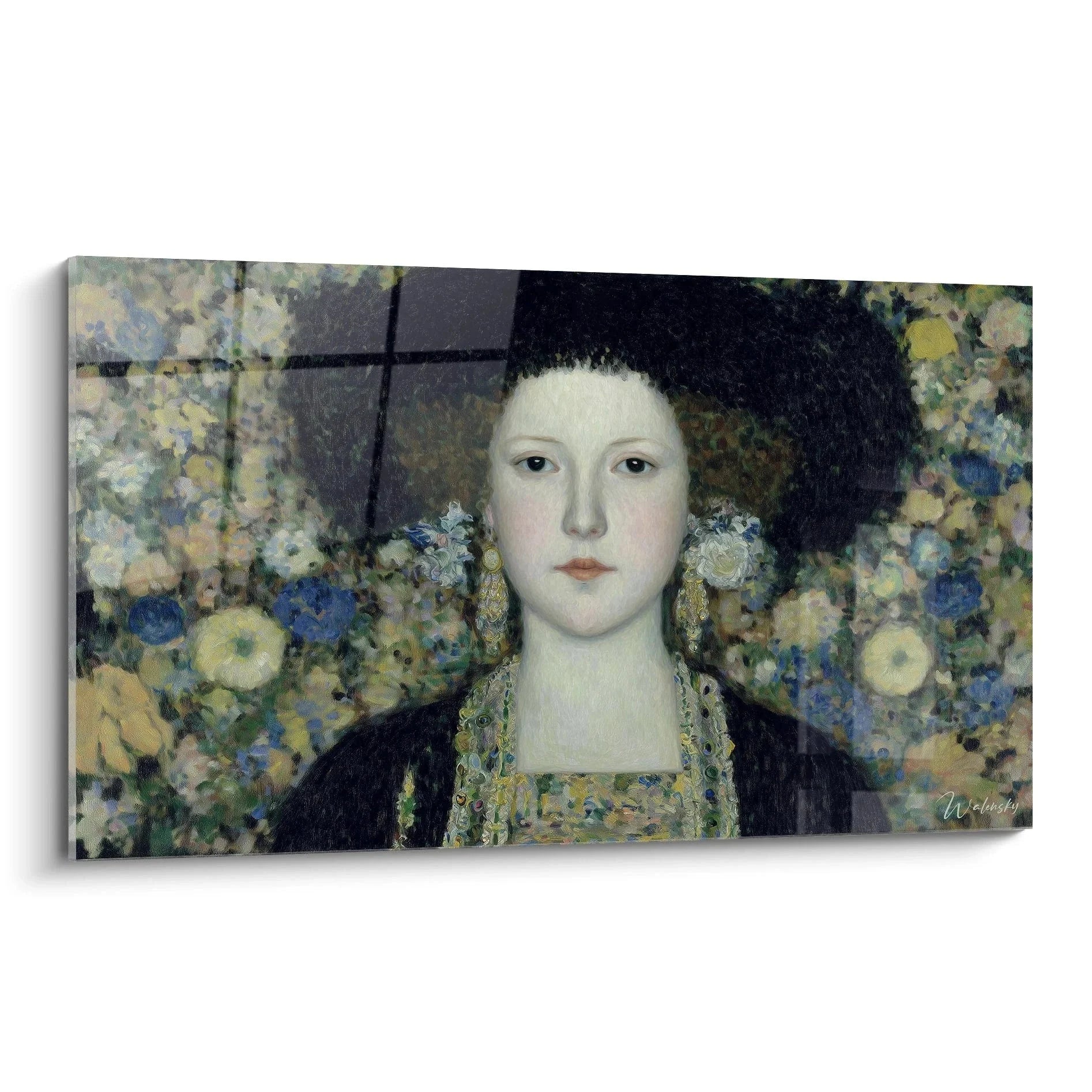 Wandbild Symbolismus Frauenportrait mit mystischer Dame vor ornamentalem Blumenhintergrund in Pastelltönen