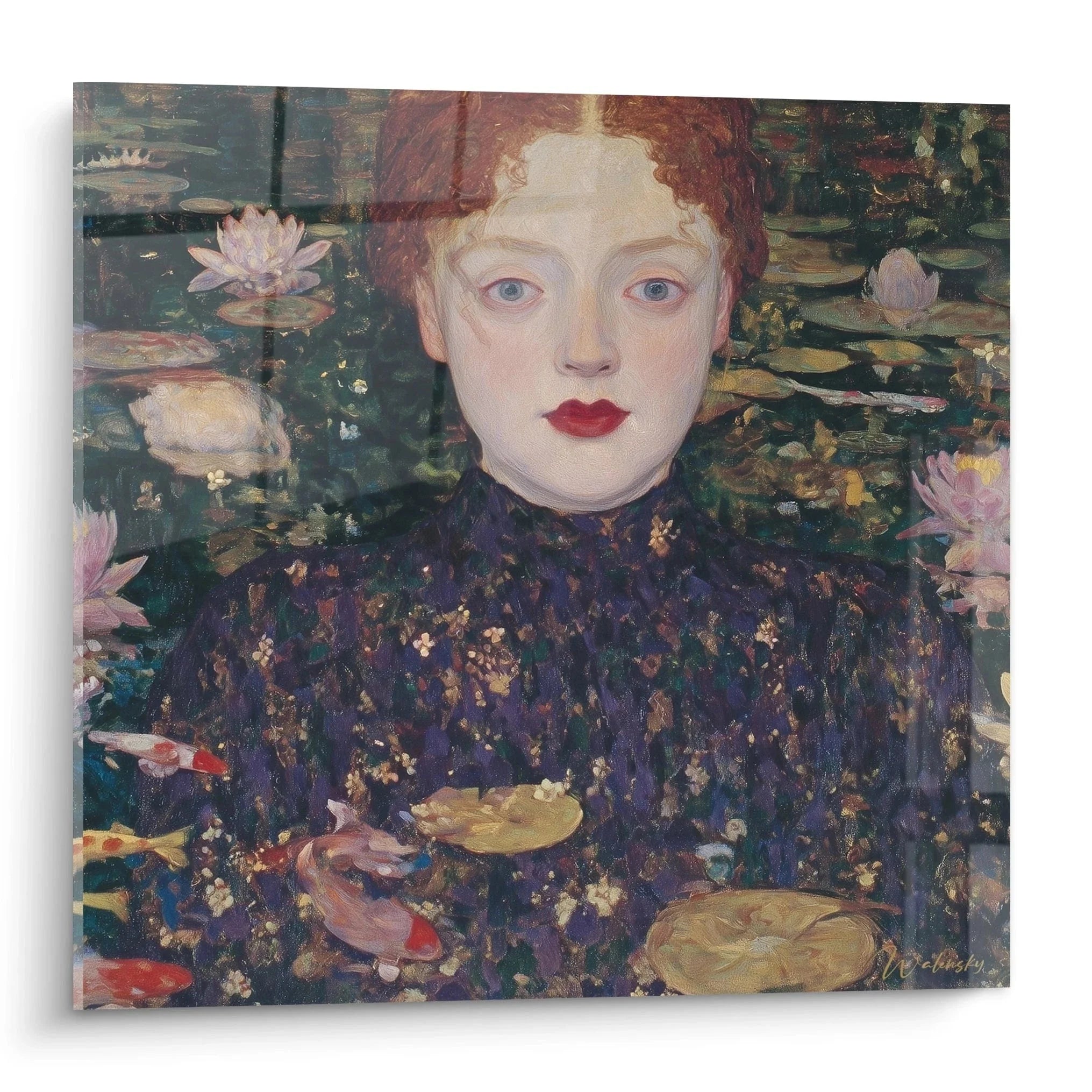 Symbolistisches Wandbild rothaarige Teichnixe zwischen Seerosen - Mystische Kunst Edition Symbolismus