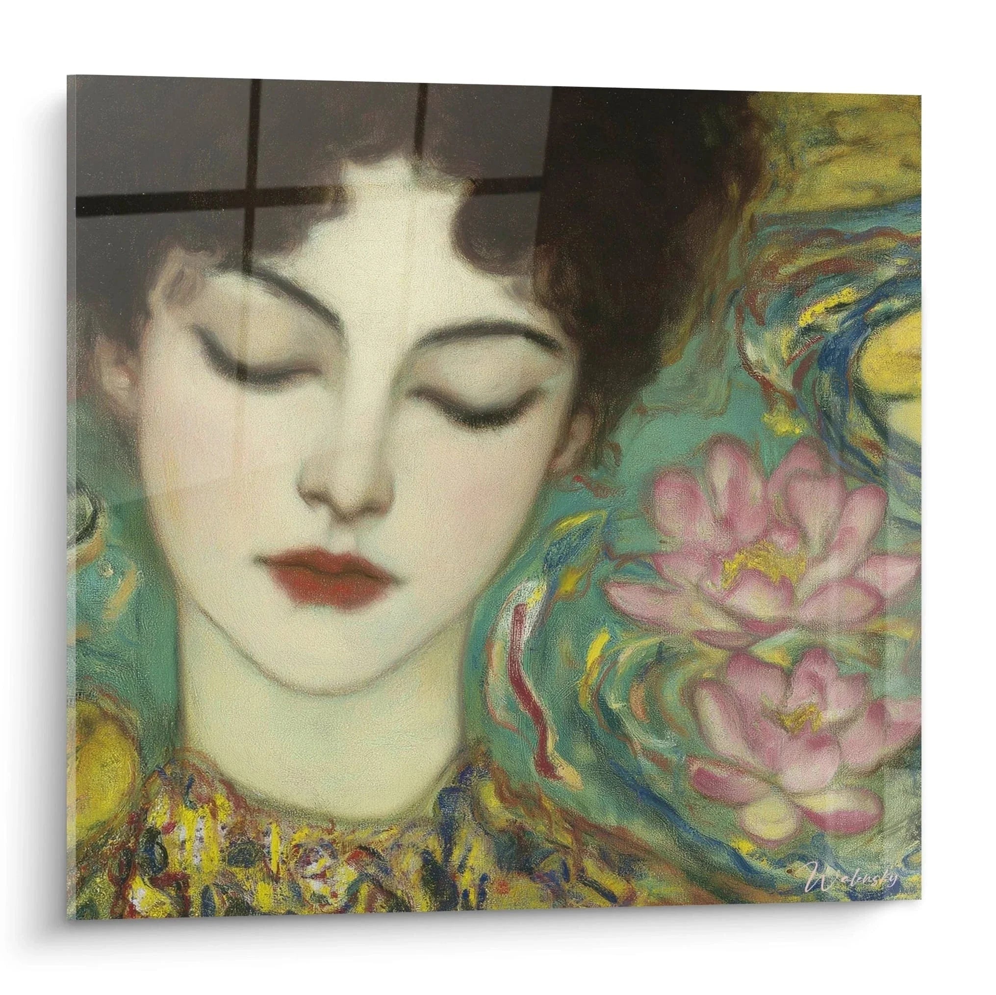 Wandbild Symbolismus träumende Frau mit rosa Blumen und ornamentalen Mustern in warmen Farbtönen