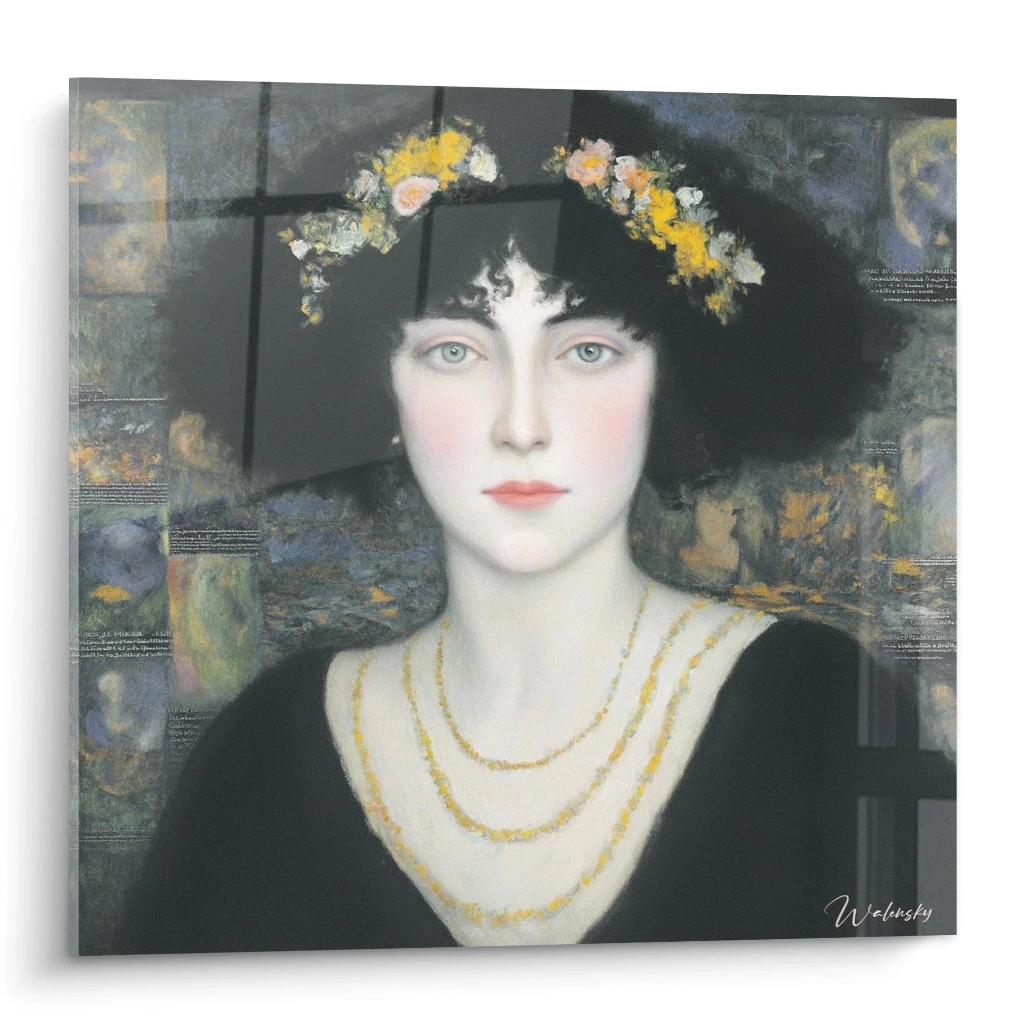 Wandbild symbolistische Dame mit Blumenkrone und goldenen Perlenketten Edition Symbolismus