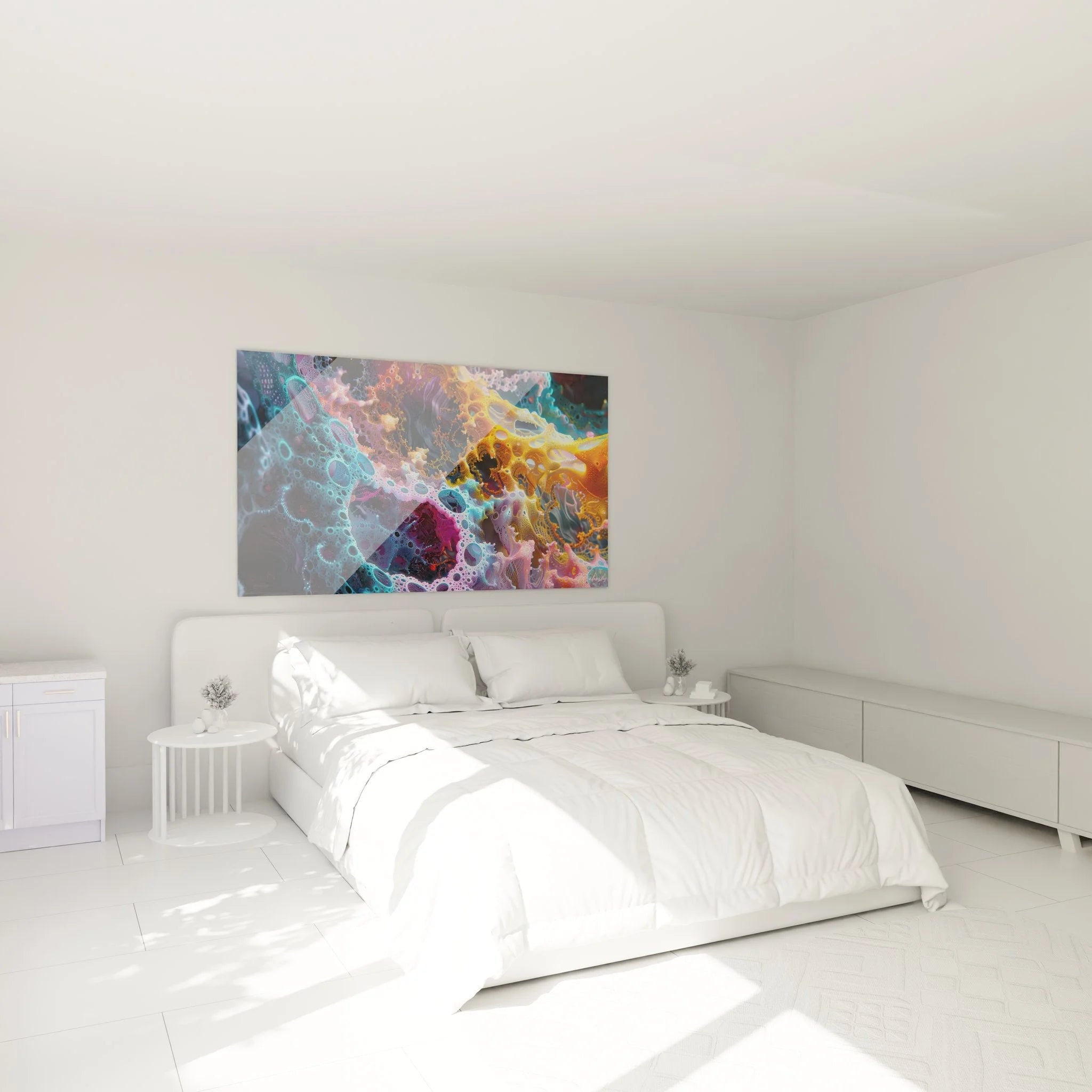 Schlafzimmer Dekoration mit Wandbild Synapsen Aktivität über dem Bett neuronale Kunst modern