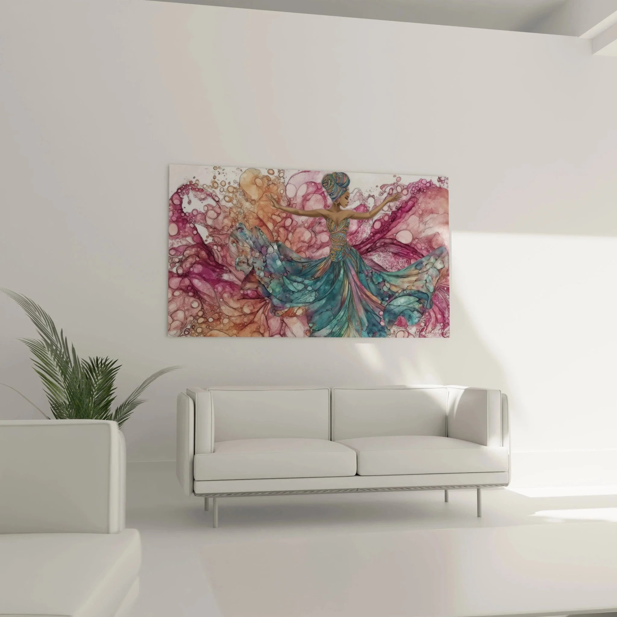 Detailansicht Wandbild Tänzerin mit Wasserblasen und fließenden Bewegungen