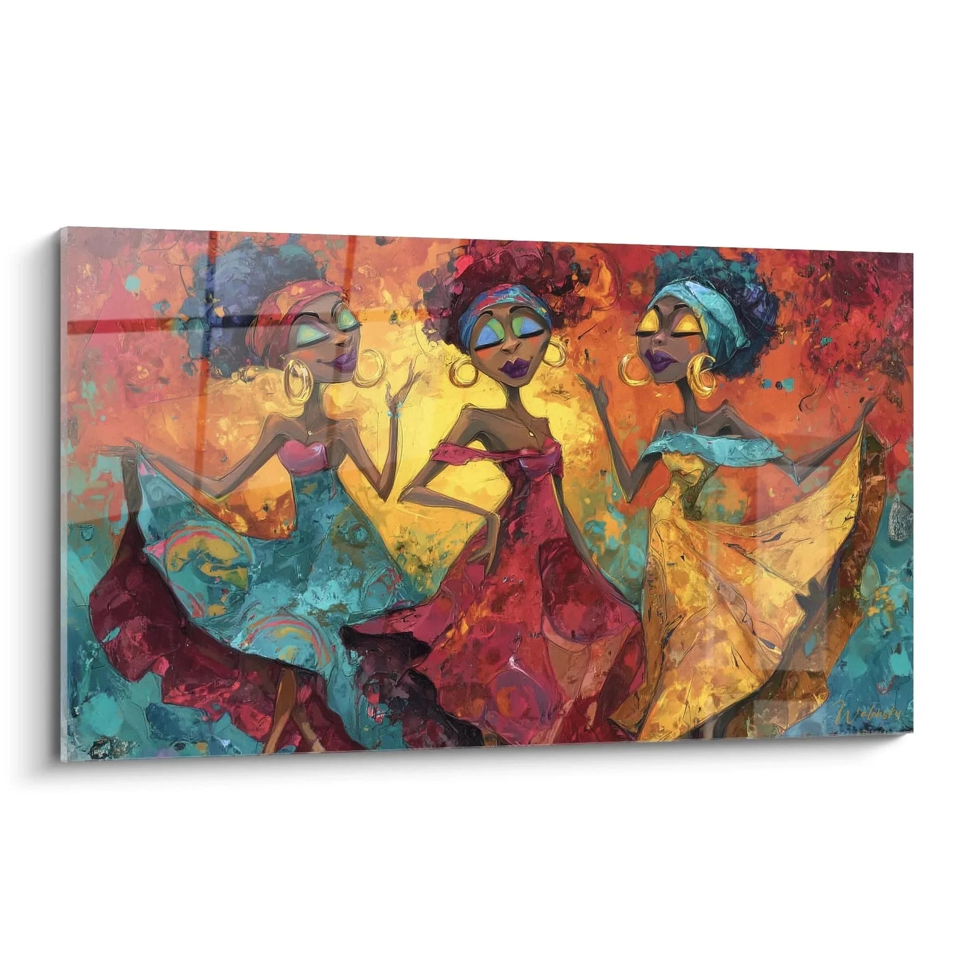Wandbild drei tanzende afrikanische Frauen in bunten Gewändern Hand in Hand Edition Afrikanischer Tanz