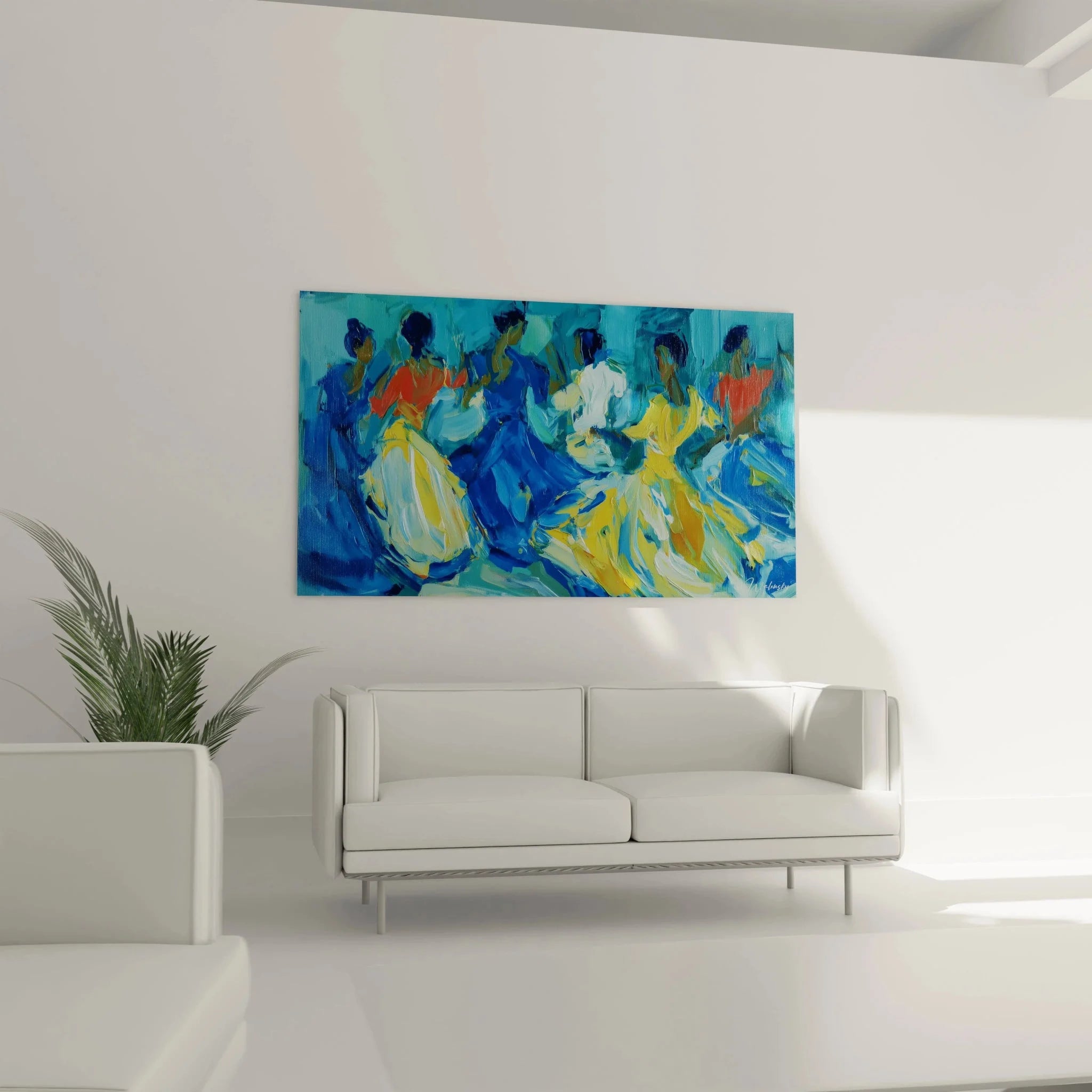 Nahaufnahme Wandbild Tanzgruppe, detailreiche Darstellung tanzender Figuren in expressiver Malweise