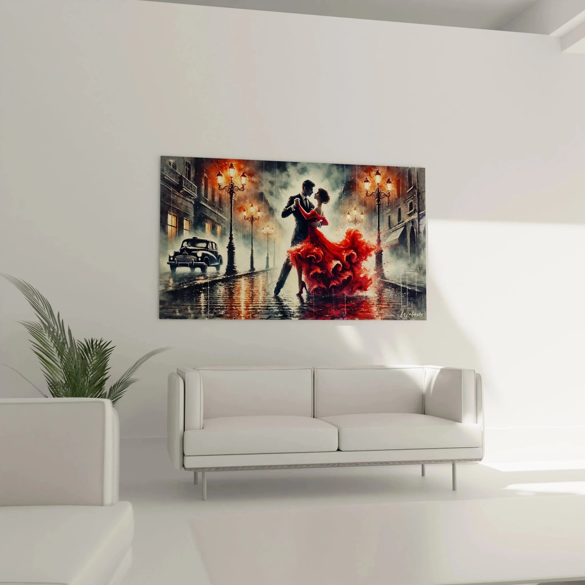 Detailansicht Wandbild Paar mit rotem Kleid und goldenen Lichtreflexionen auf nassem Pflaster