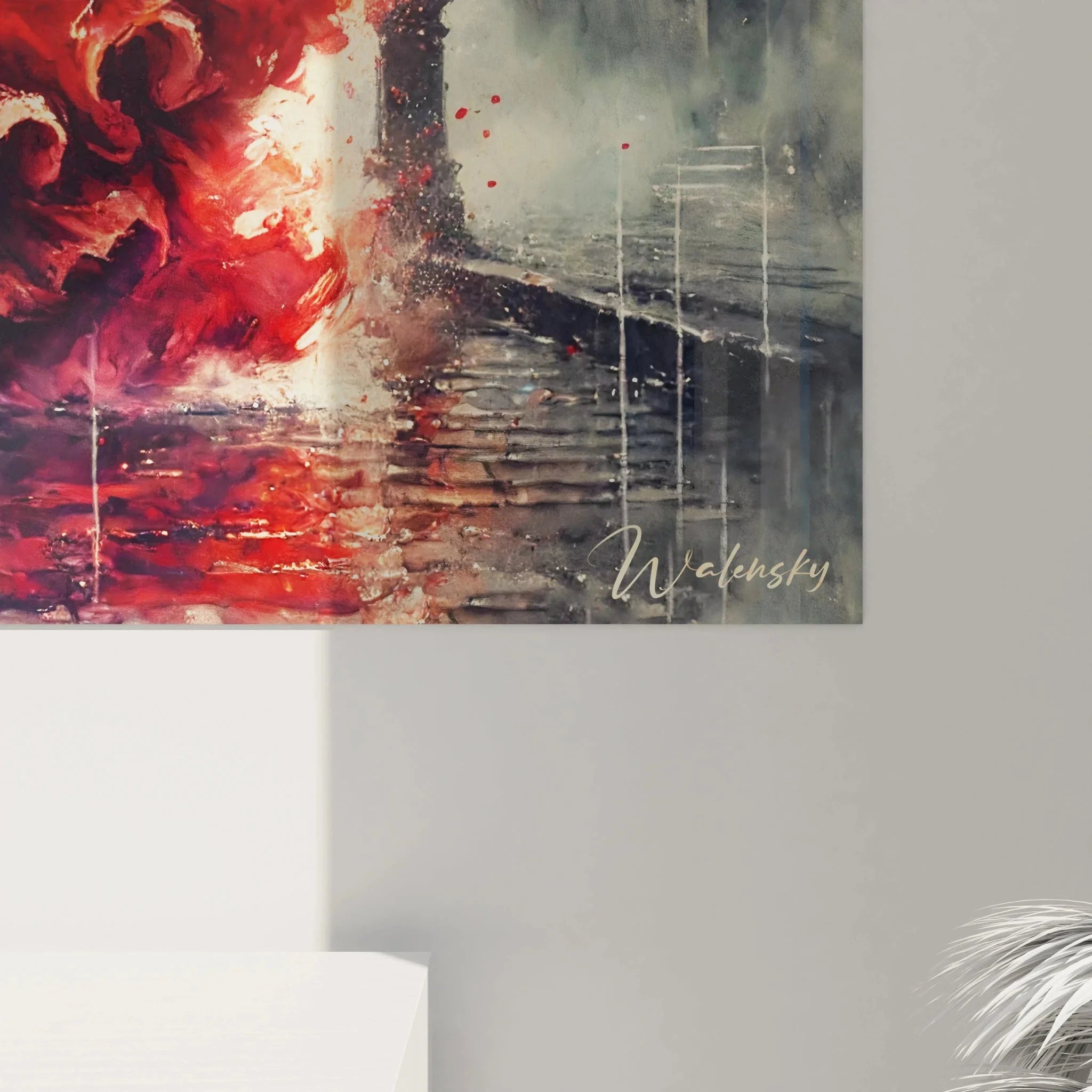 Gesamtansicht Wandbild Tanzpaar Straße - Komplette romantische Regentanz Szene mit Laternen