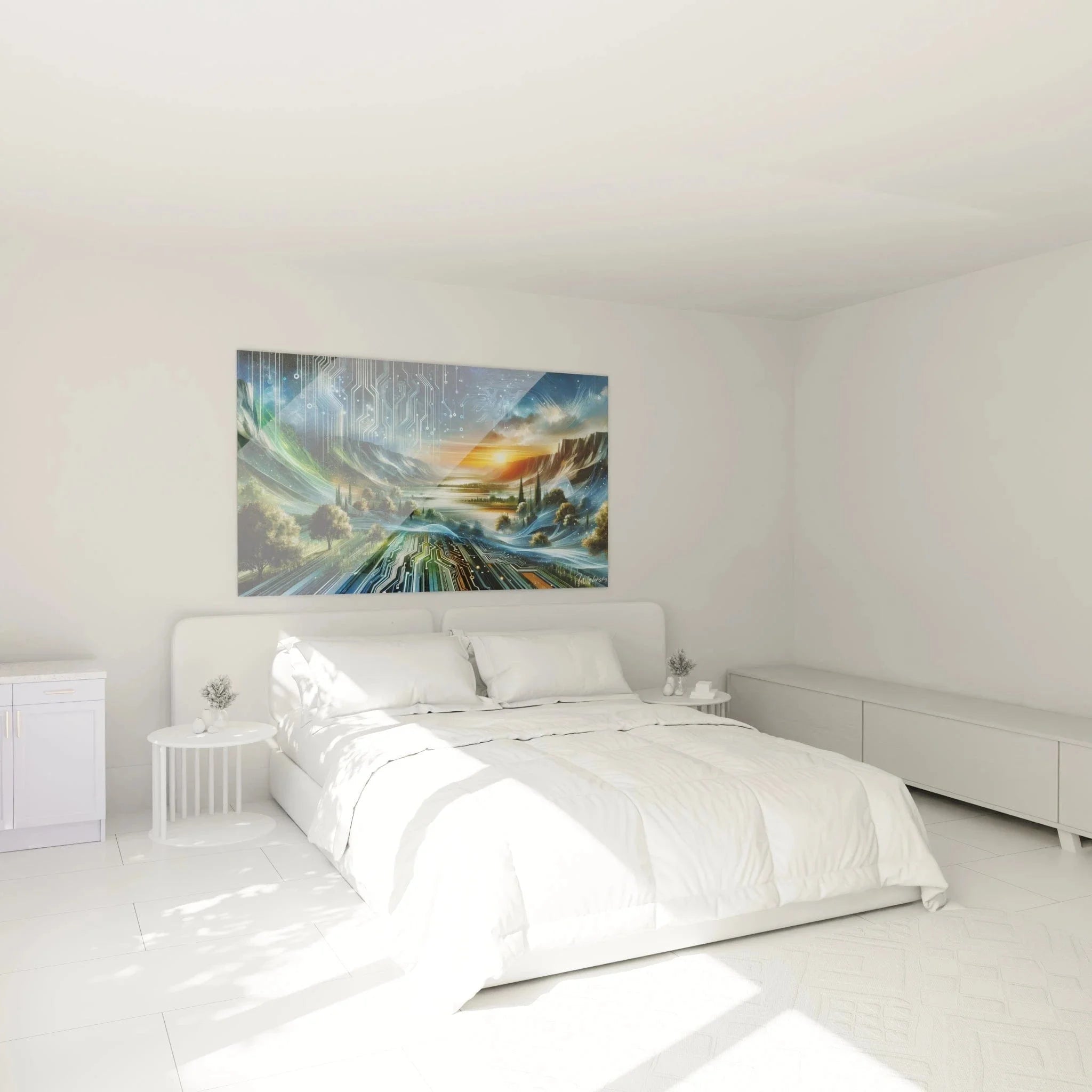 Modernes Wandbild technologische Landschaft im Schlafzimmer - digitale Kunst als Wanddekoration